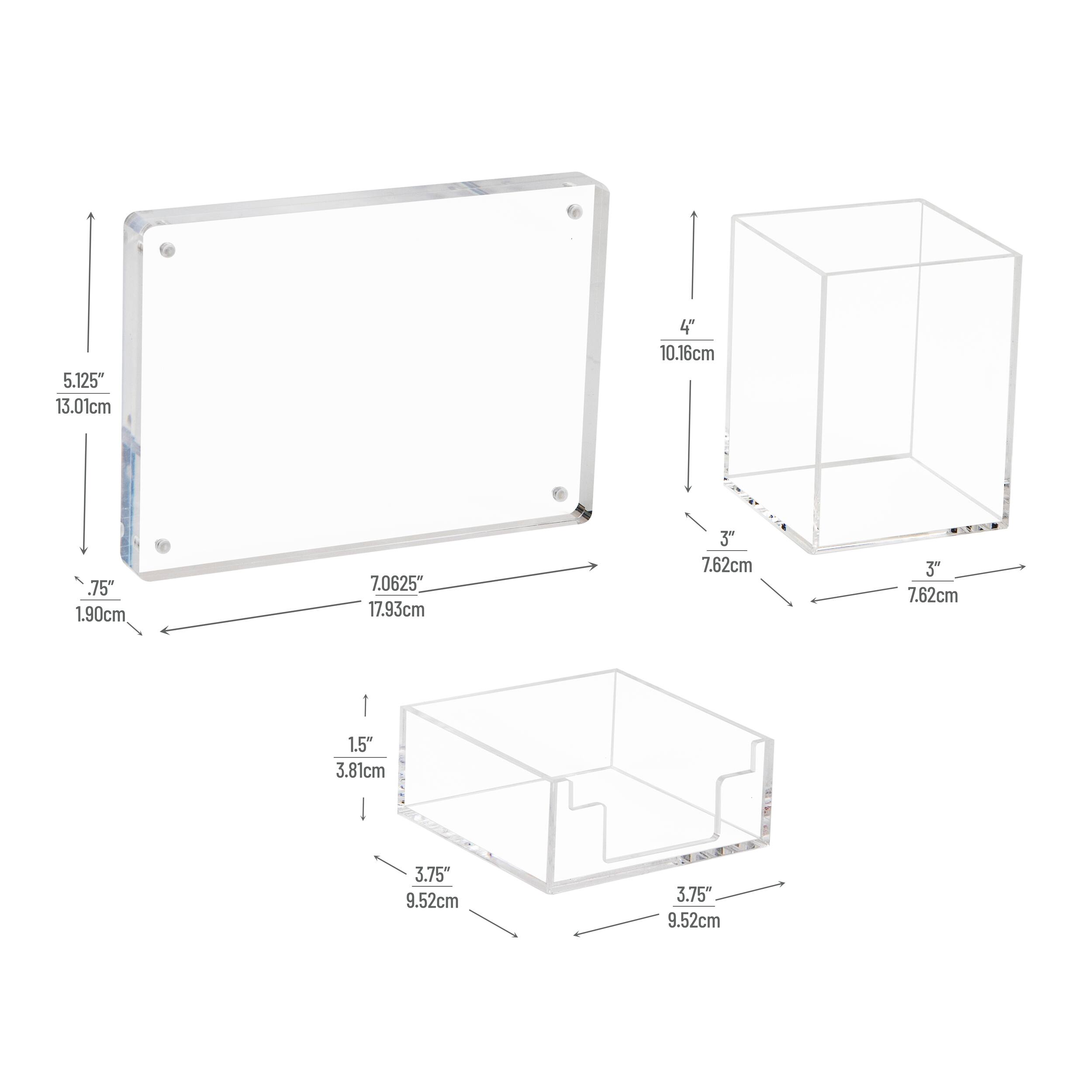Mind Reader 3-Piece Desk Organizer Set, Pen Holder, Photo Frame and Sticky Note Tray, Acrylic, Clear