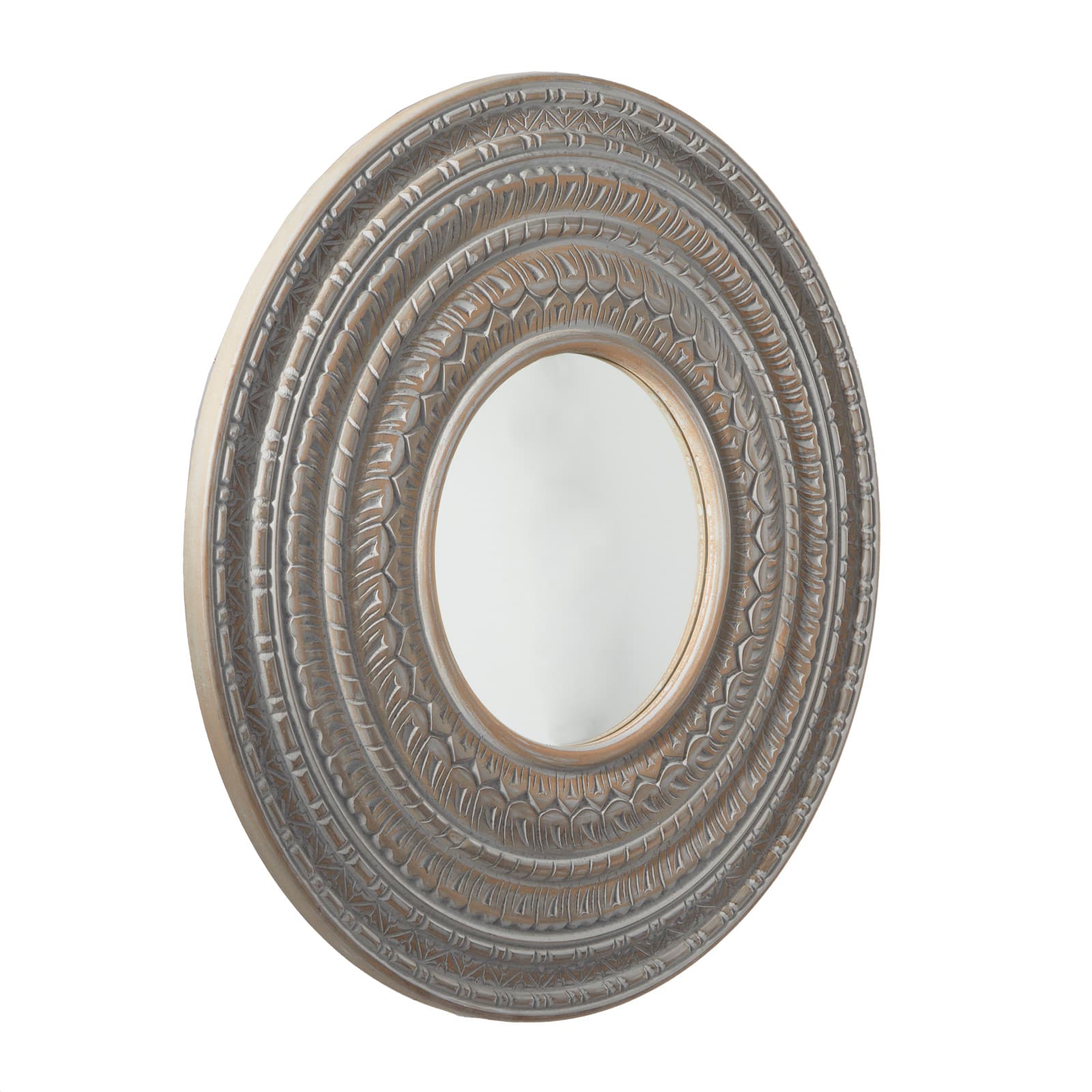 Gray Wood Carved Tribal Wall Mirror 36" x 2" x 36"