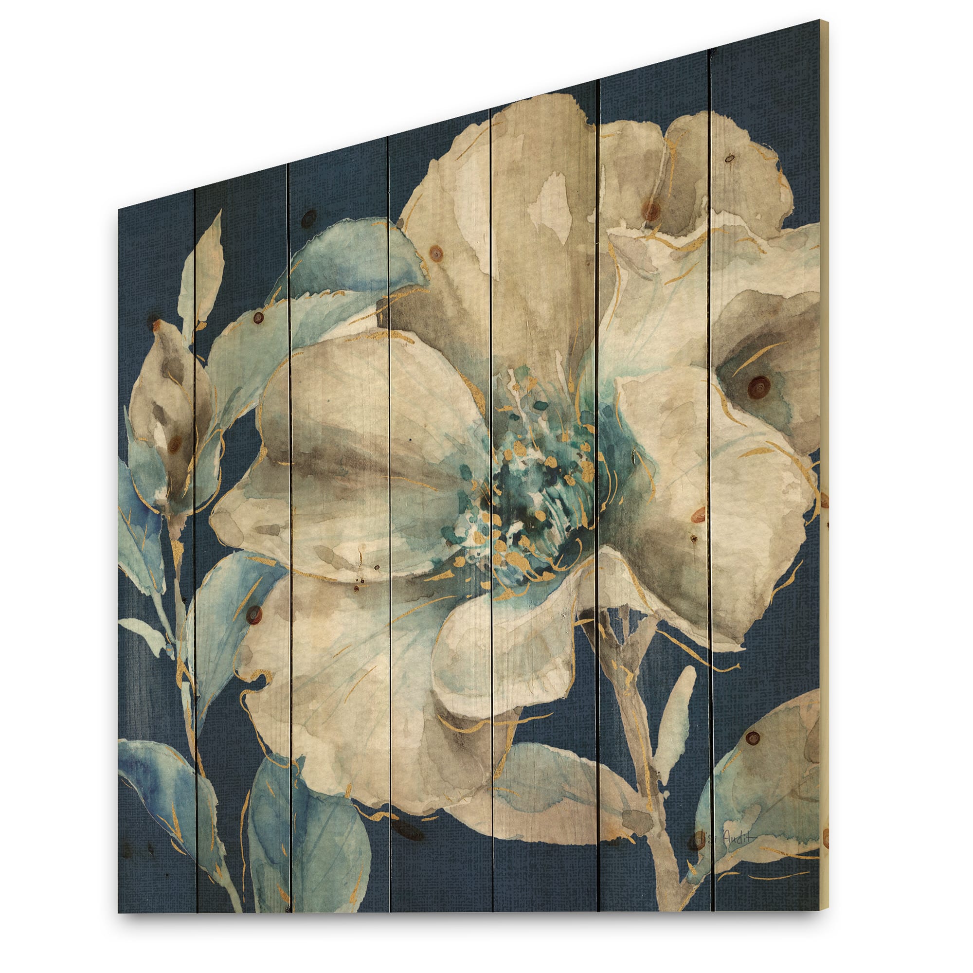 Designart - Indigold Watercolor Flower I - Farmhouse Print on Natural Pine Wood