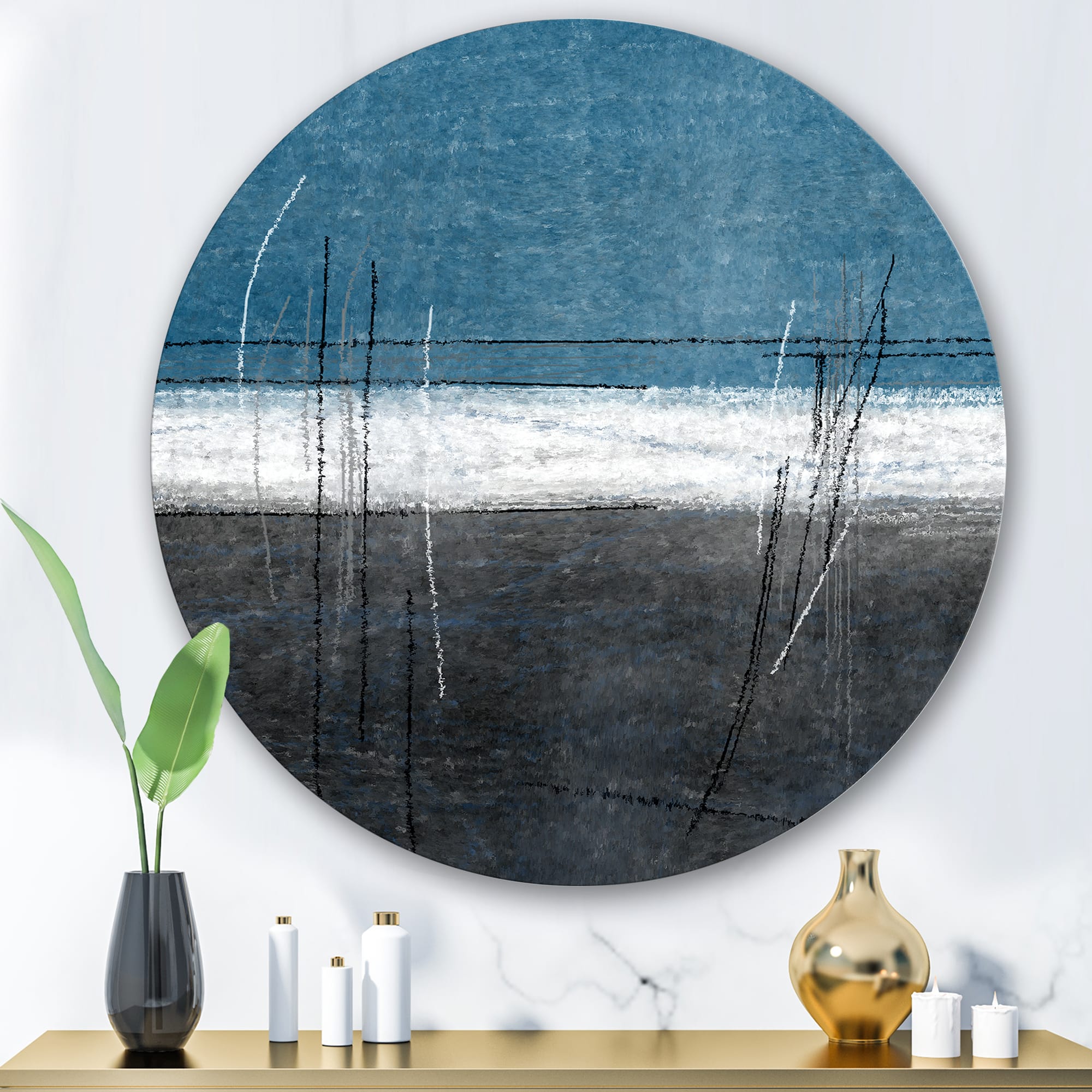Designart - Teal Meets Grey Abstract Art - Modern Metal Circle Wall Art