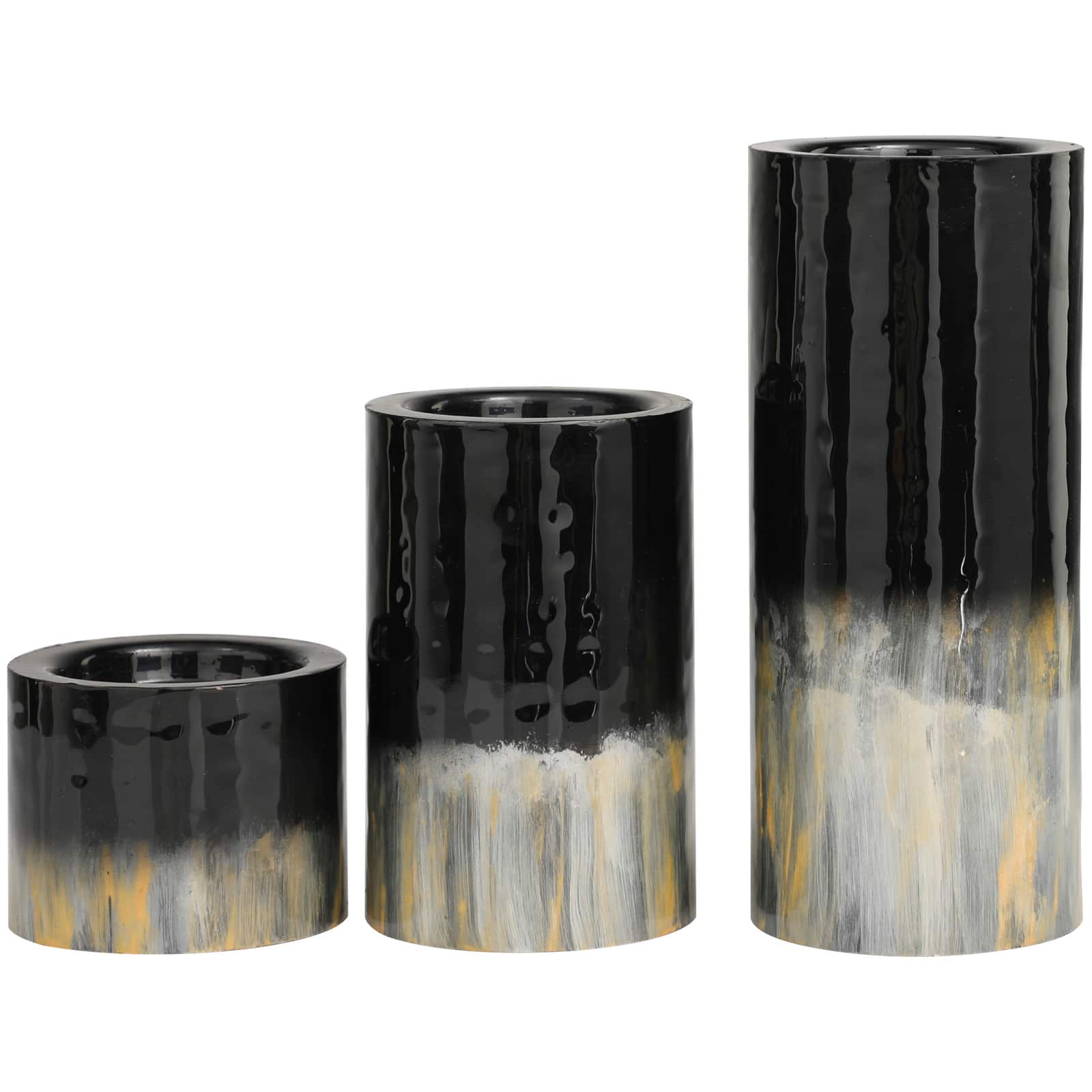 Black Metal Colorblock Candle Holder with Gold and Silver Streaks Set