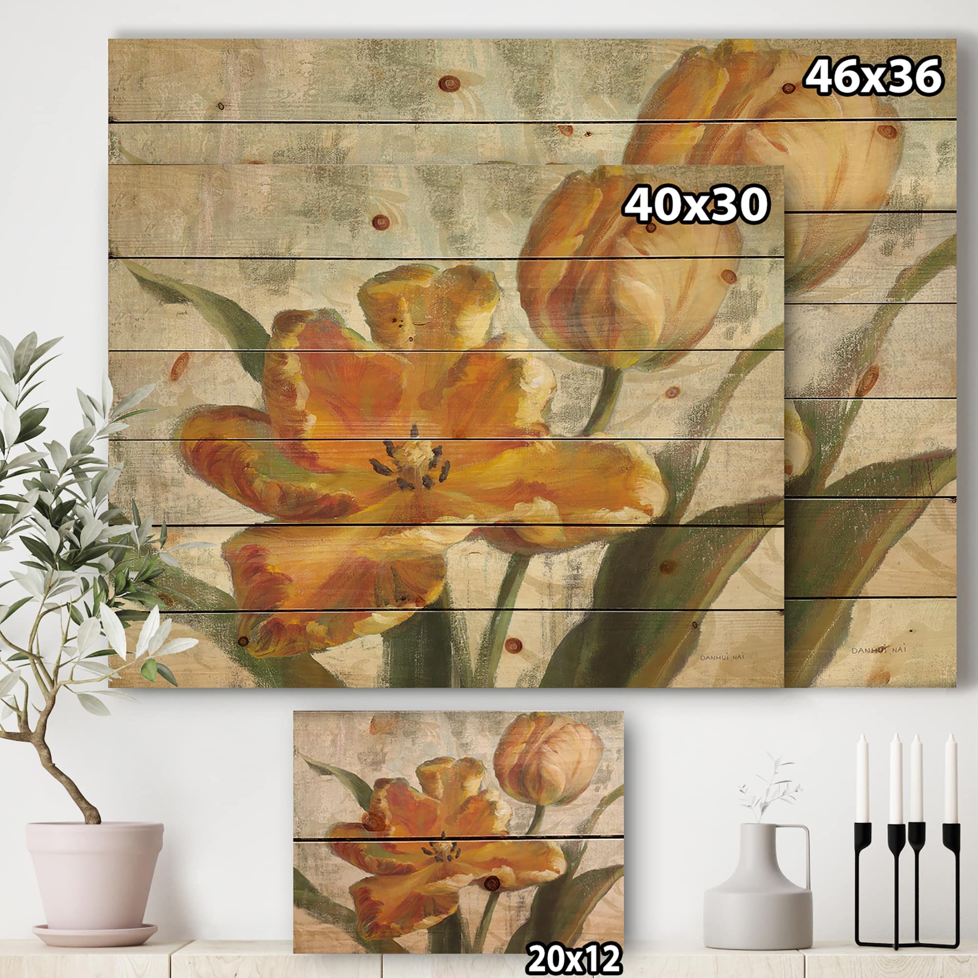 Designart - Parrot Tulips I on Ivory - Cabin & Lodge Print on Natural Pine Wood