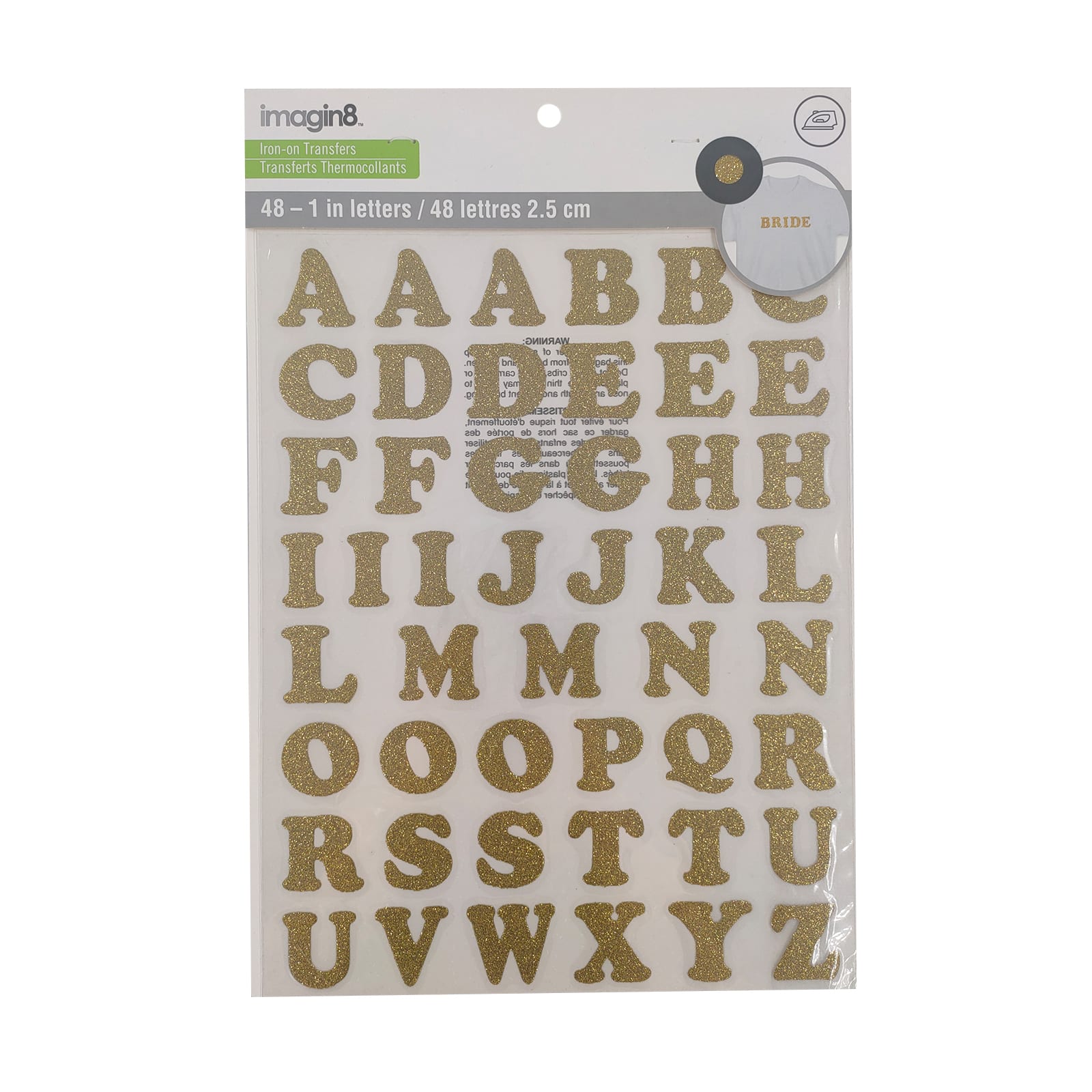 12 Packs: 48 ct. (576 total) 1" Iron-On Gold Glitter Letters by Imagin8™