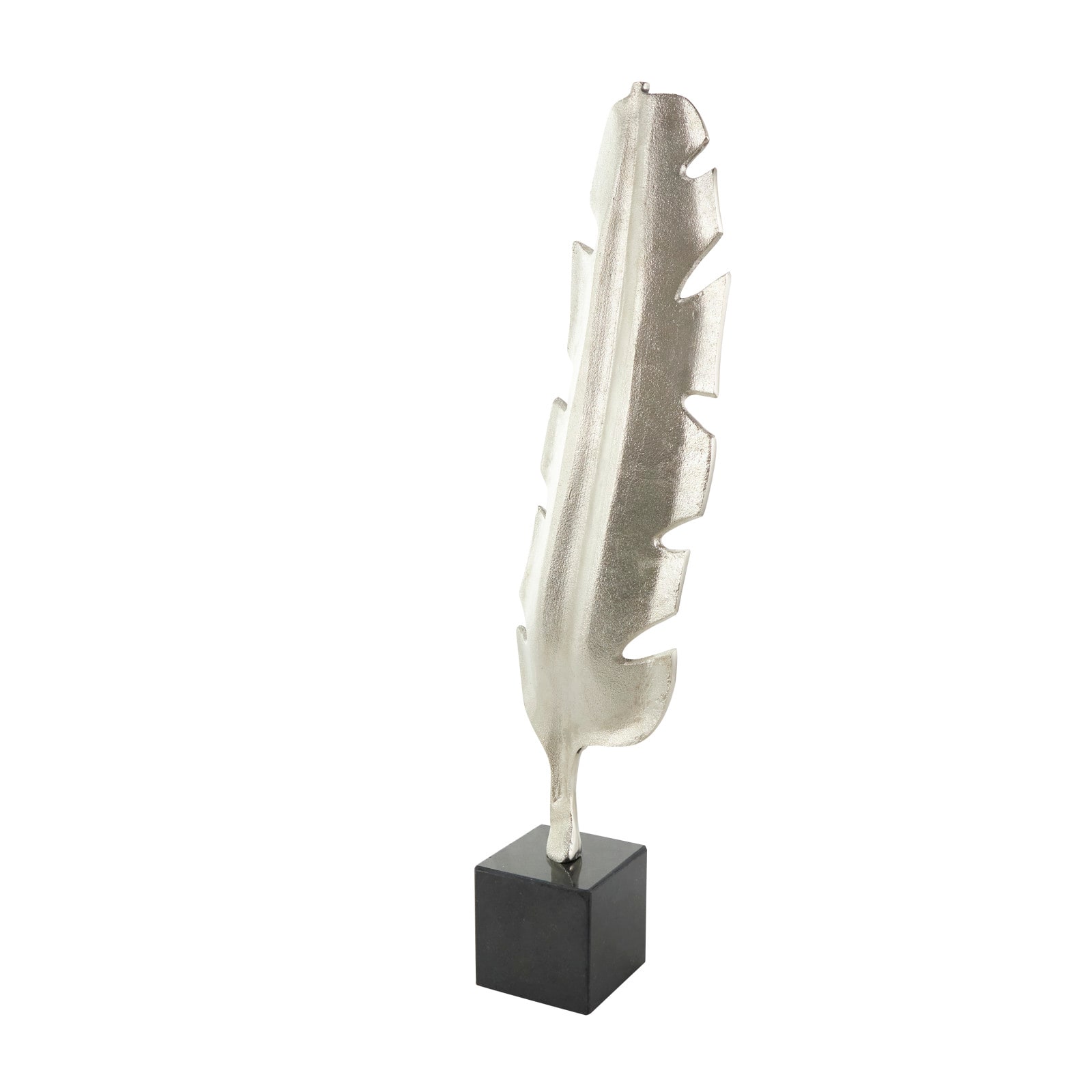 28" Silver Aluminum Bird Feather Sculpture with Black Marble Base