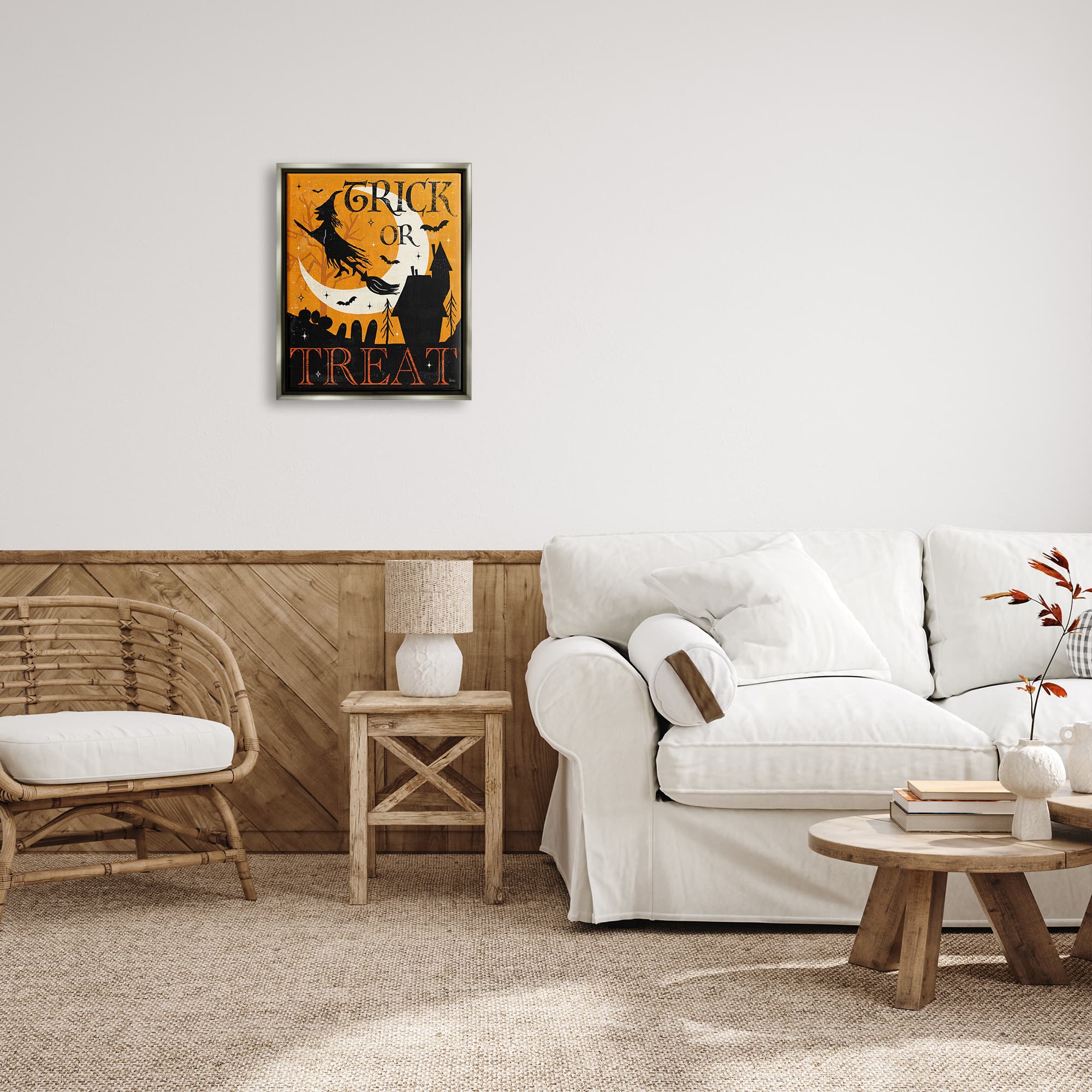 Stupell Industries Trick or Treat Halloween Witch Framed Floater Canvas Wall Art