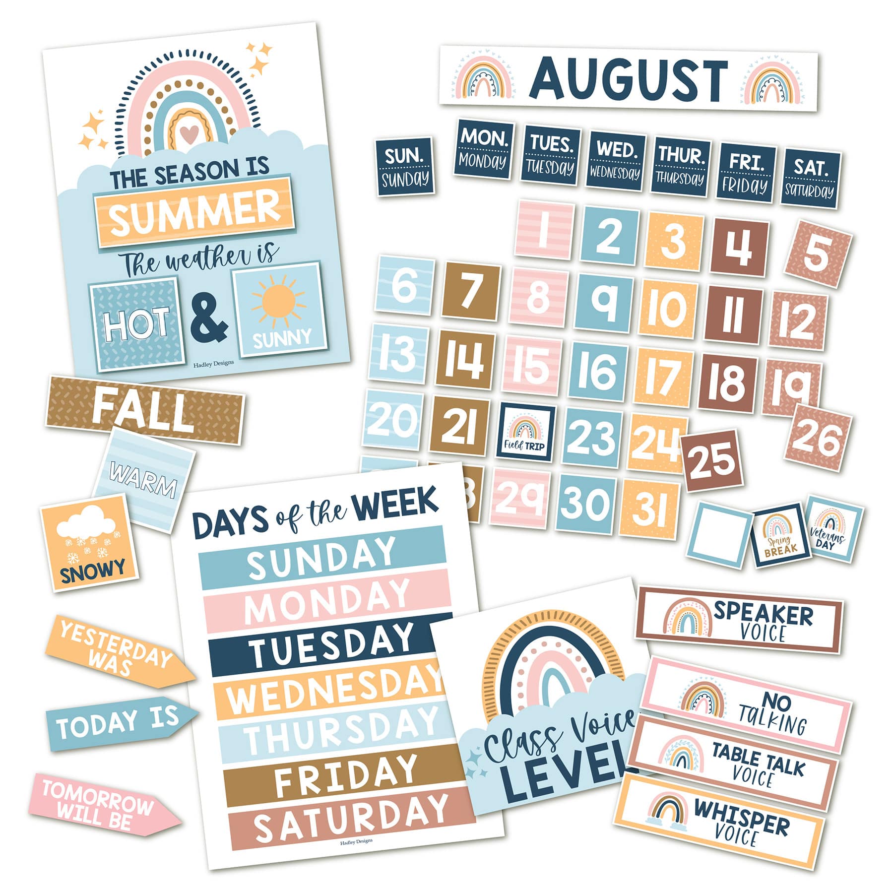 Hadley Designs 11" x 17" Boho Circle Time Bulletin Board Calendar for Classroom Posters Set