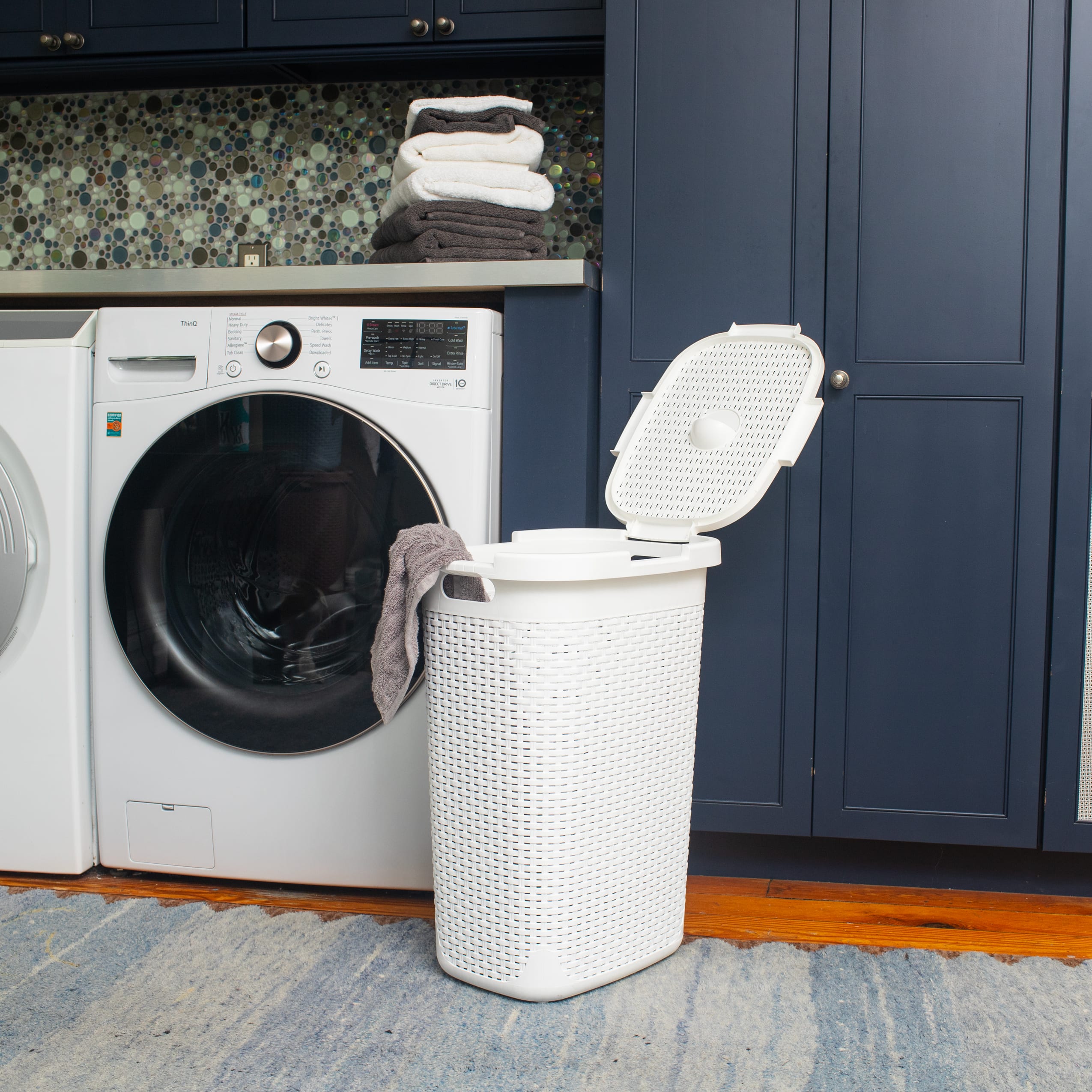 Mind Reader 60L Ventilated Slim Laundry Hamper with Cut Out Handles & Attached Hinged Lid, 2ct.