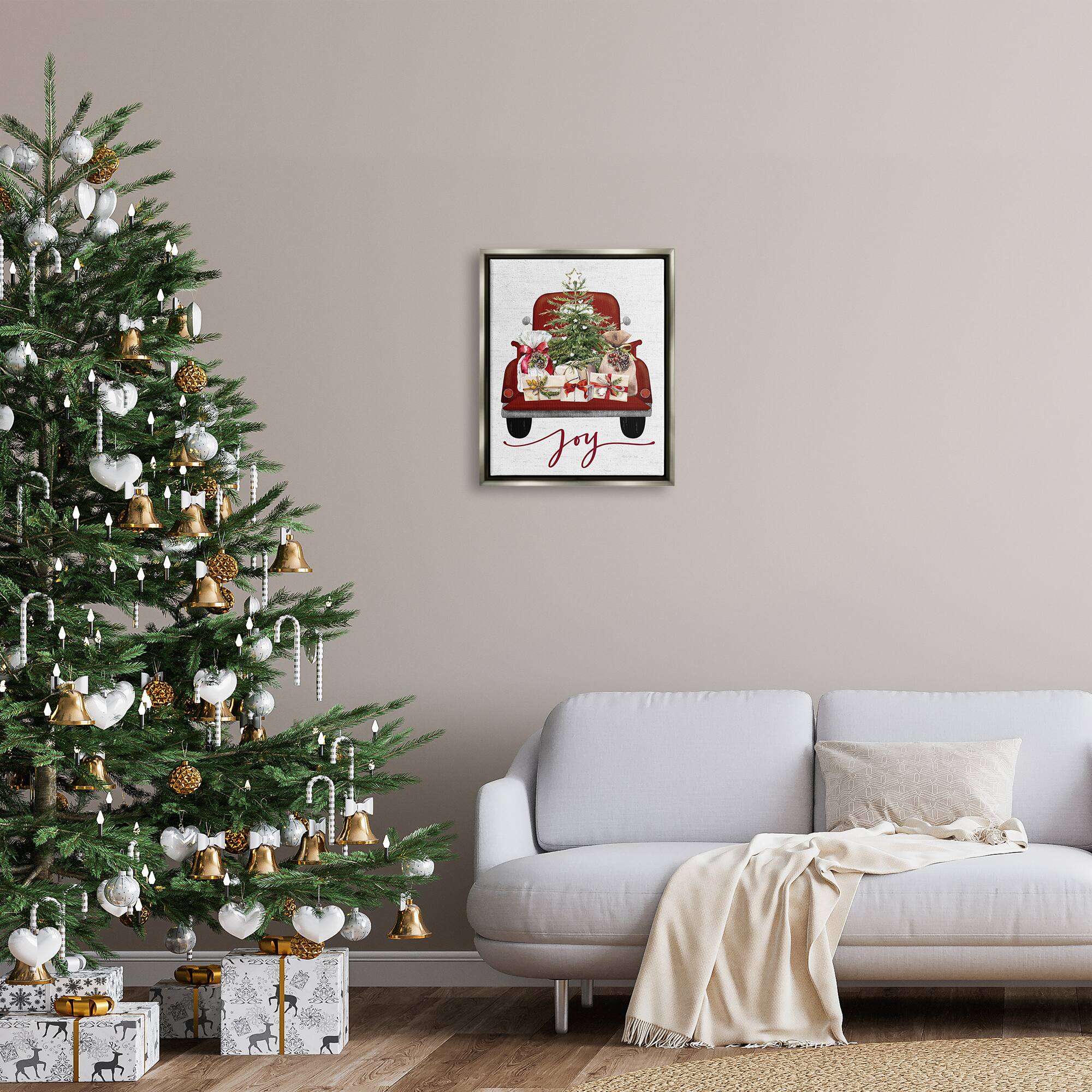 Stupell Industries Joy Holiday Red Gift Truck Framed Floater Canvas Wall Art