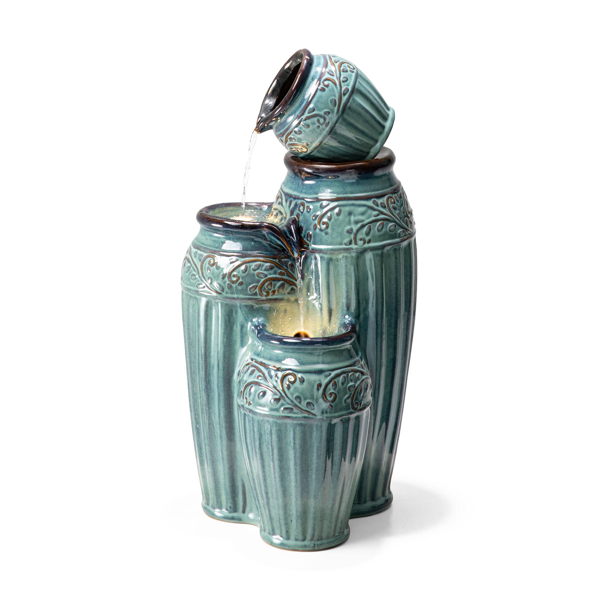 Glitzhome 27.25"H 3-Tier Turquoise Pattern Ceramic Pots Fountain, Pump and Light