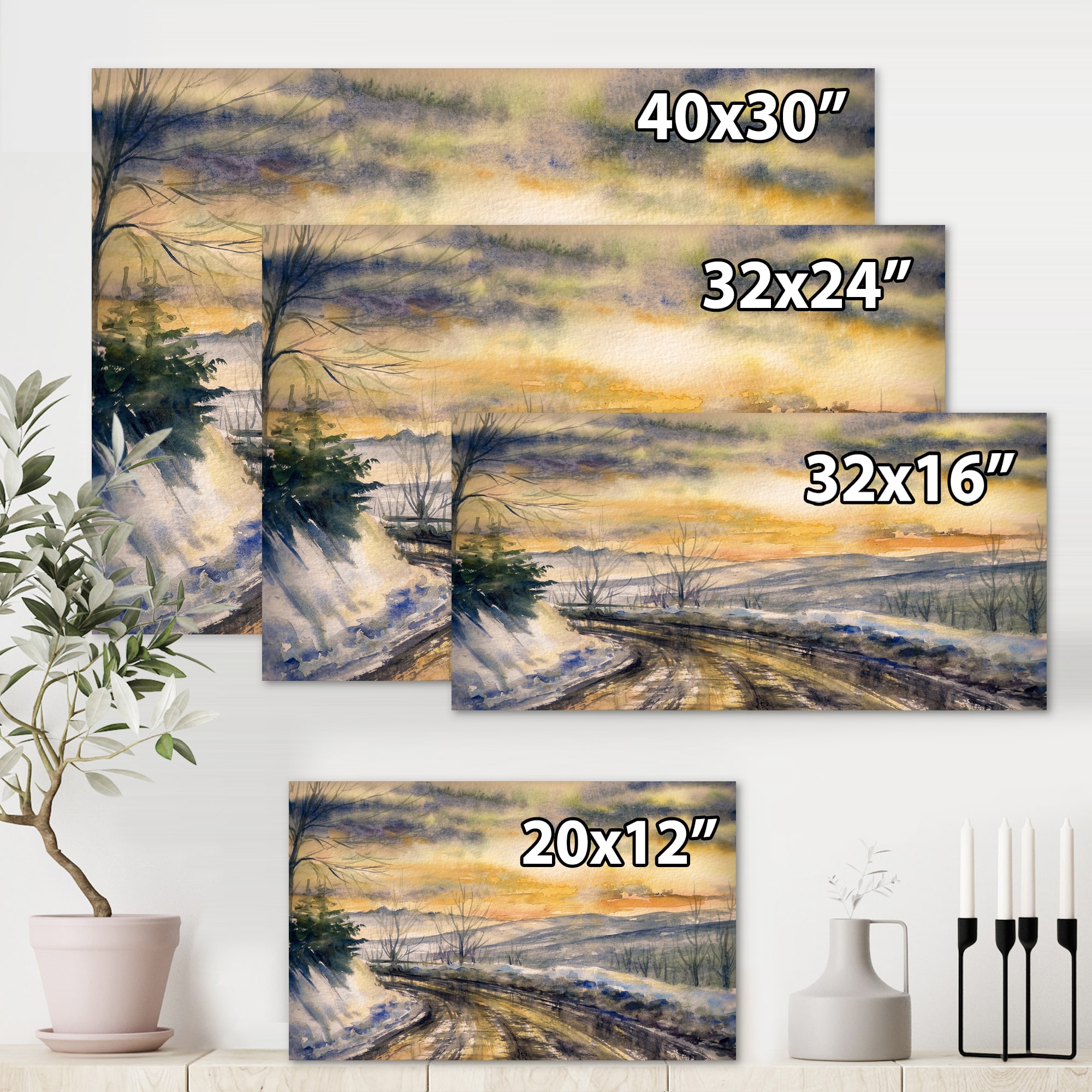 Designart - Winter Landscape With Road Under Bright Sunset