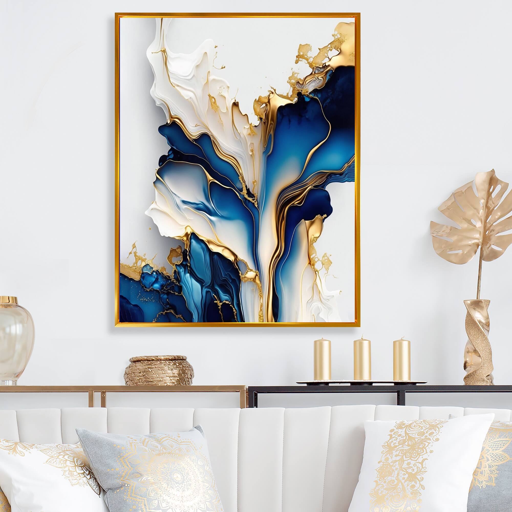 Designart 'Abstract Geode Gold And Blue Marble Shape III' Animals Framed Canvas Wall Art
