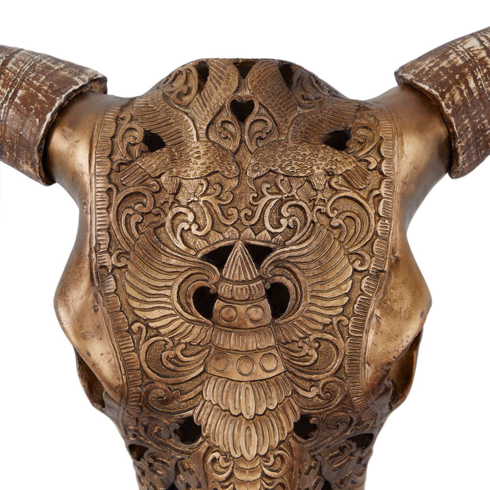 Bronze Polystone Carved Skull Cow Wall Decor 28" x 7" x 30"