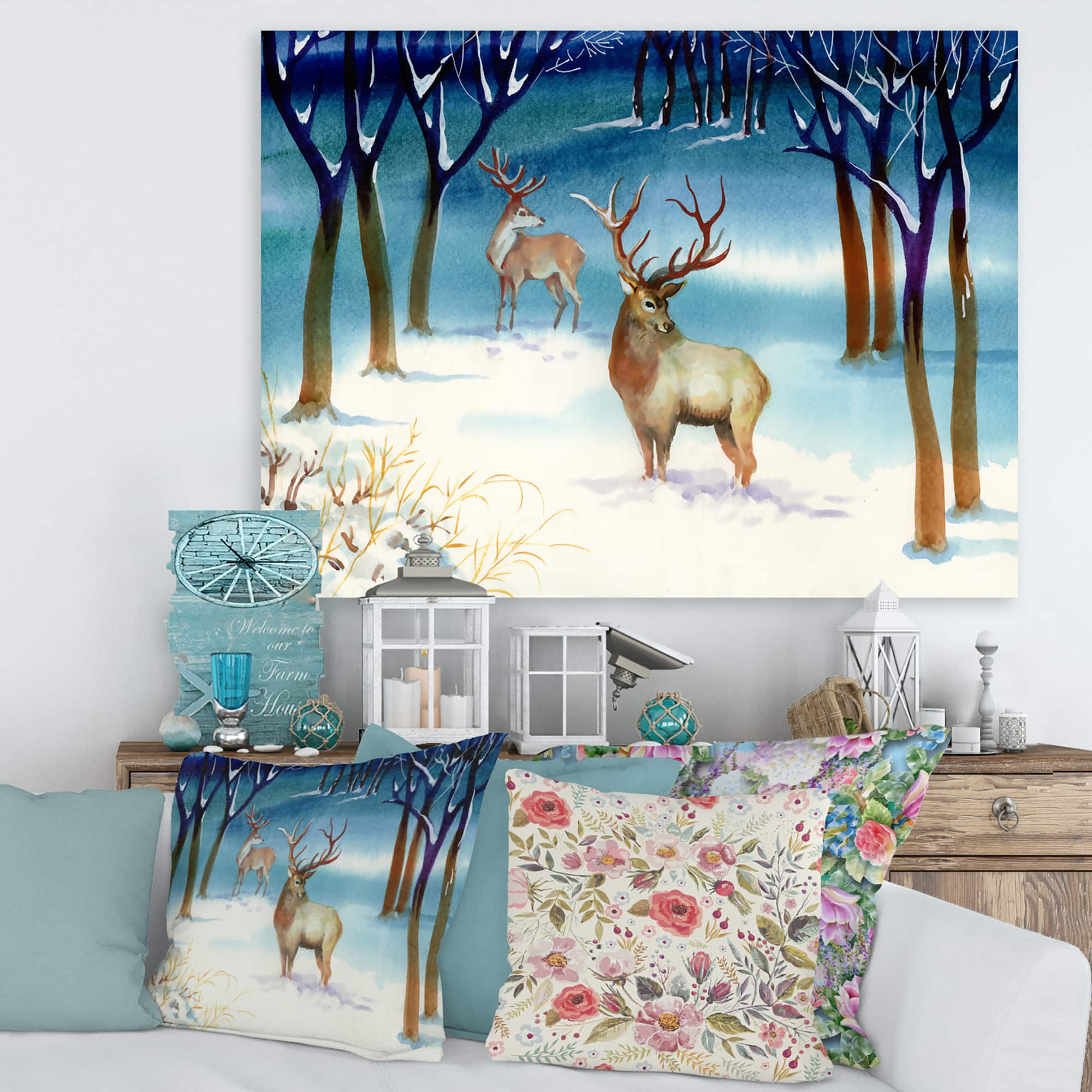 Designart - Winter Landscape With Deers - Traditional Canvas Wall Art Print