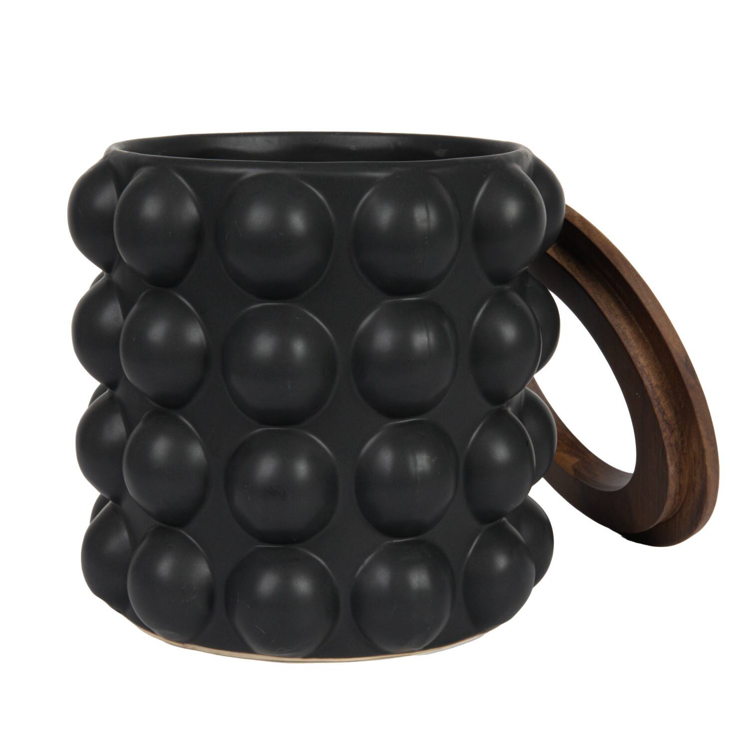 Hello Honey® 10" Round Matte Black Stoneware Waste Bins with Raised Dots & Removable Natural Acacia Wood Rim, 2ct.