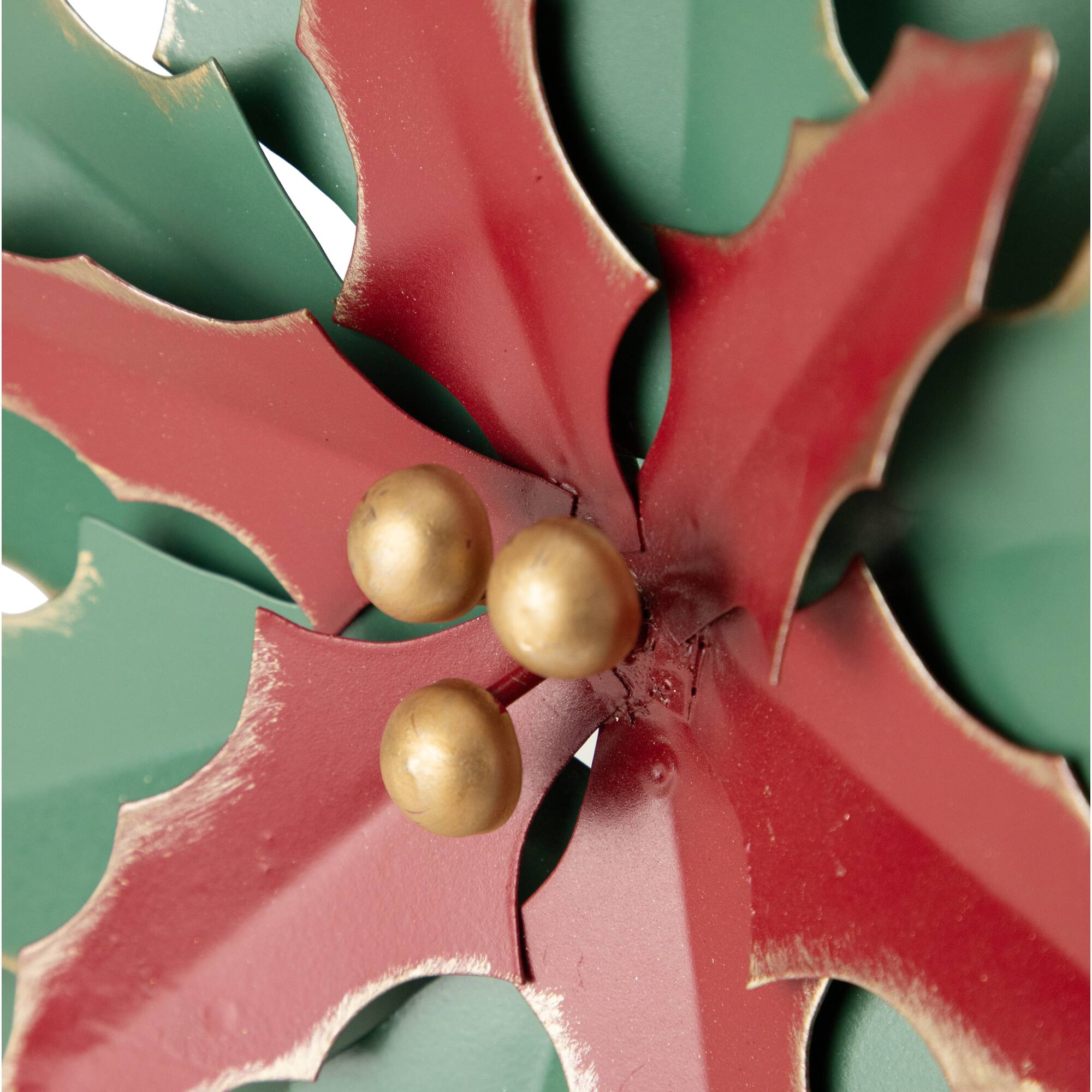 14" Small Green and Red Metal Poinsettia Christmas Wall Hanging