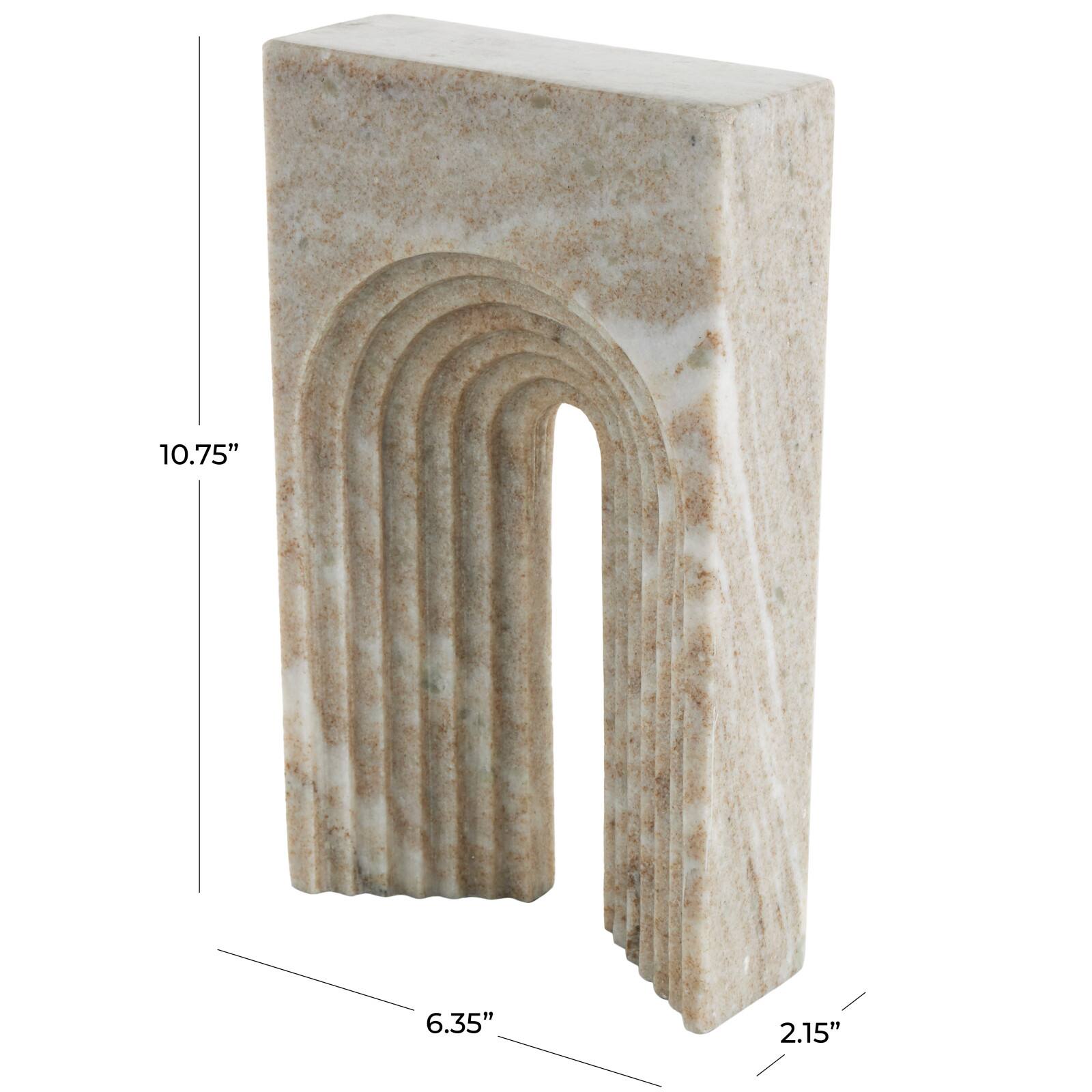 10.75" White & Beige Marble Geometric Rectangular Sculpture with Arched Groove Interior