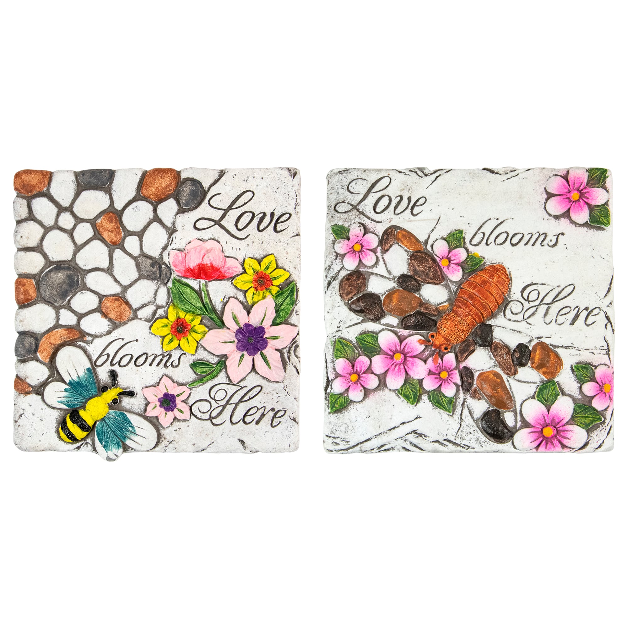 7" "Love Blooms Here'" Floral Outdoor Garden Stones Set