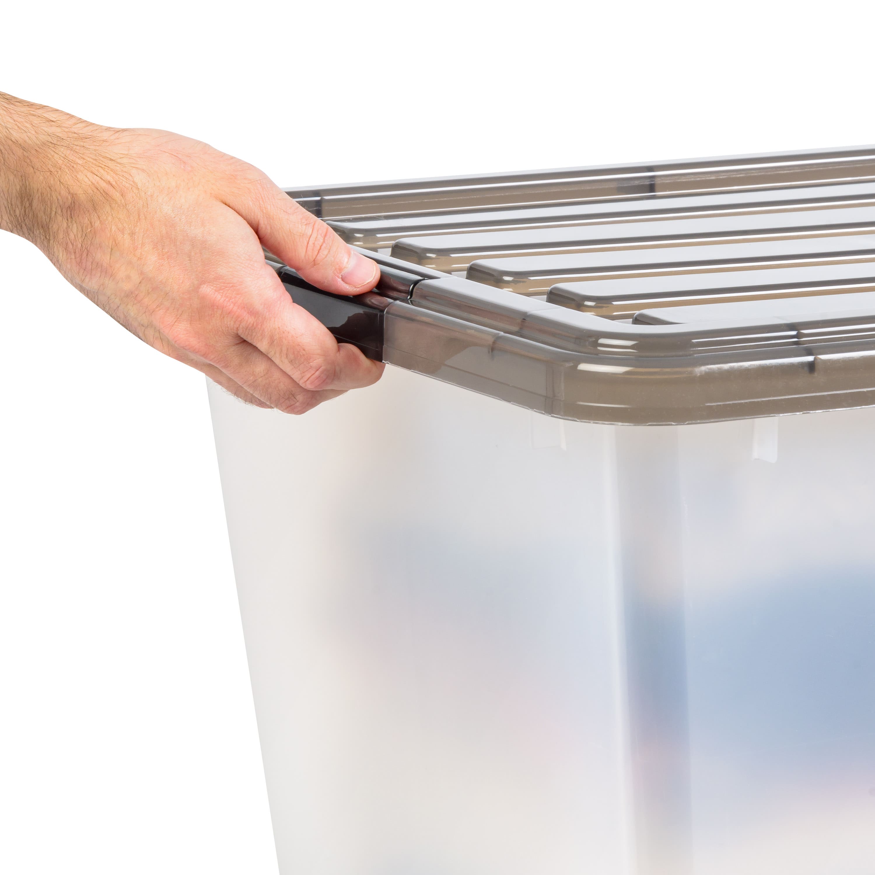 Iris® 91qt. Clear View Plastic Storage Bins with Gray Latching Buckle Lids, 4ct.