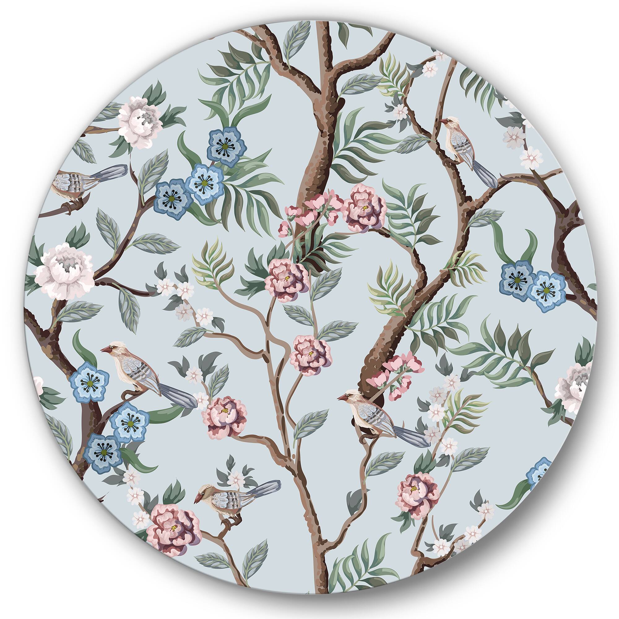 Designart - Chinoiserie With Birds and Peonies X - Traditional Metal Circle Wall Art