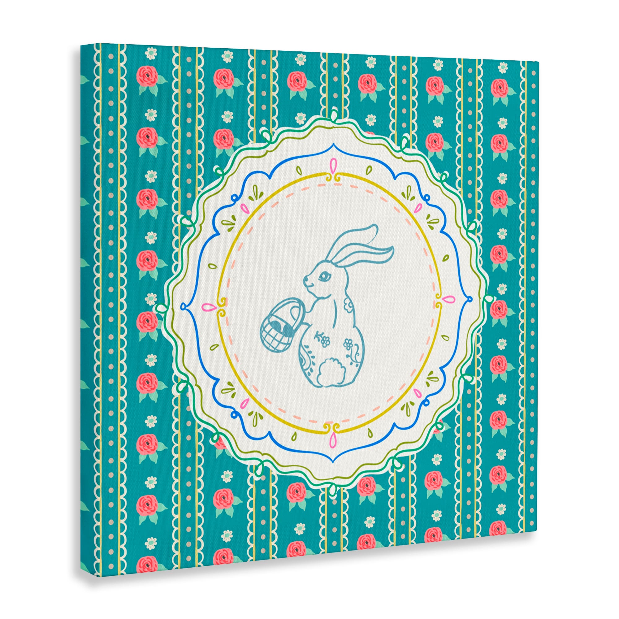 Stupell Industries Flower Stripes Pattern Bunny Canvas Wall Art