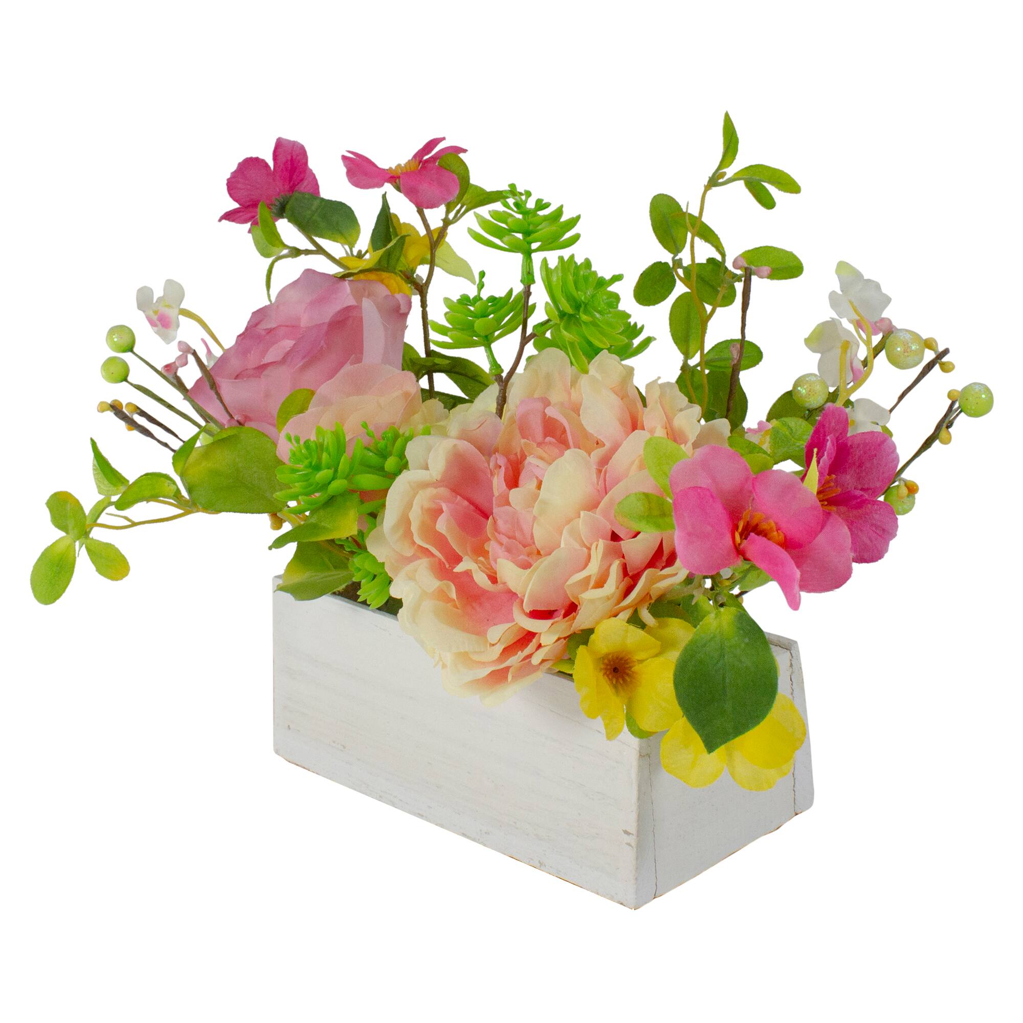 14'' Pink and Yellow Artificial Roses and Peony Floral Arrangement in Planter