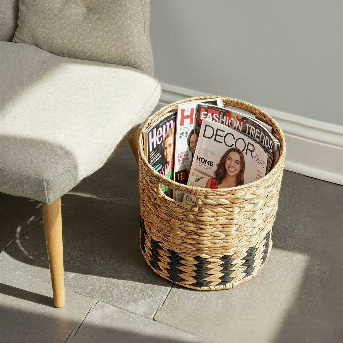 Household Essentials 11.75" Natural Water Hyacinth & Paper Basket with Black Stripes