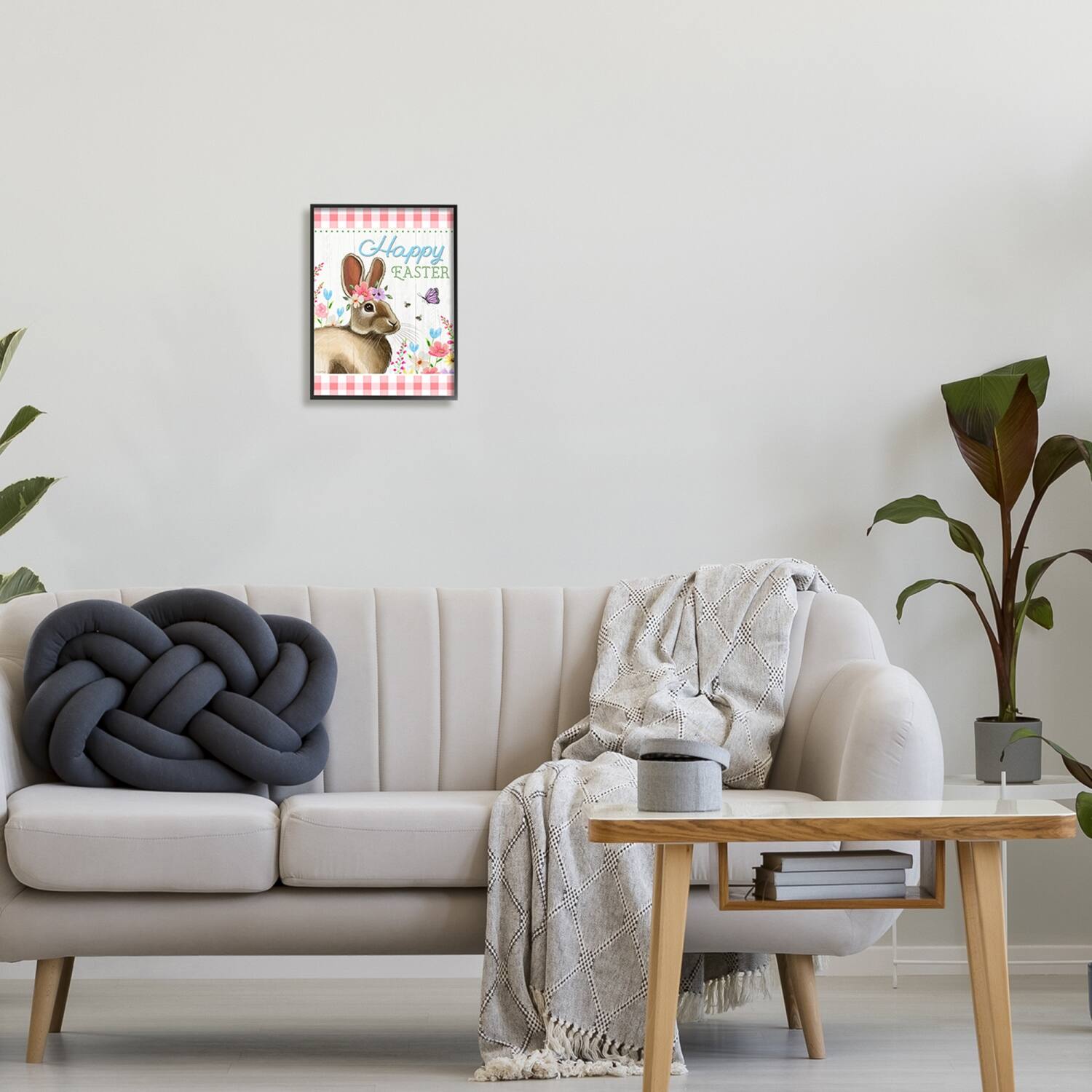 Stupell Industries Happy Easter Floral Gingham Rabbit Framed Giclee Art