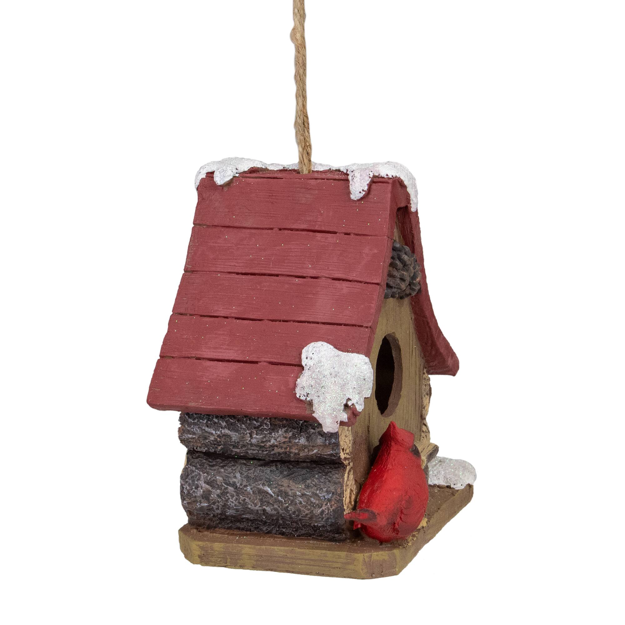 7" Brown & Red Christmas Birdhouse with Cardinals