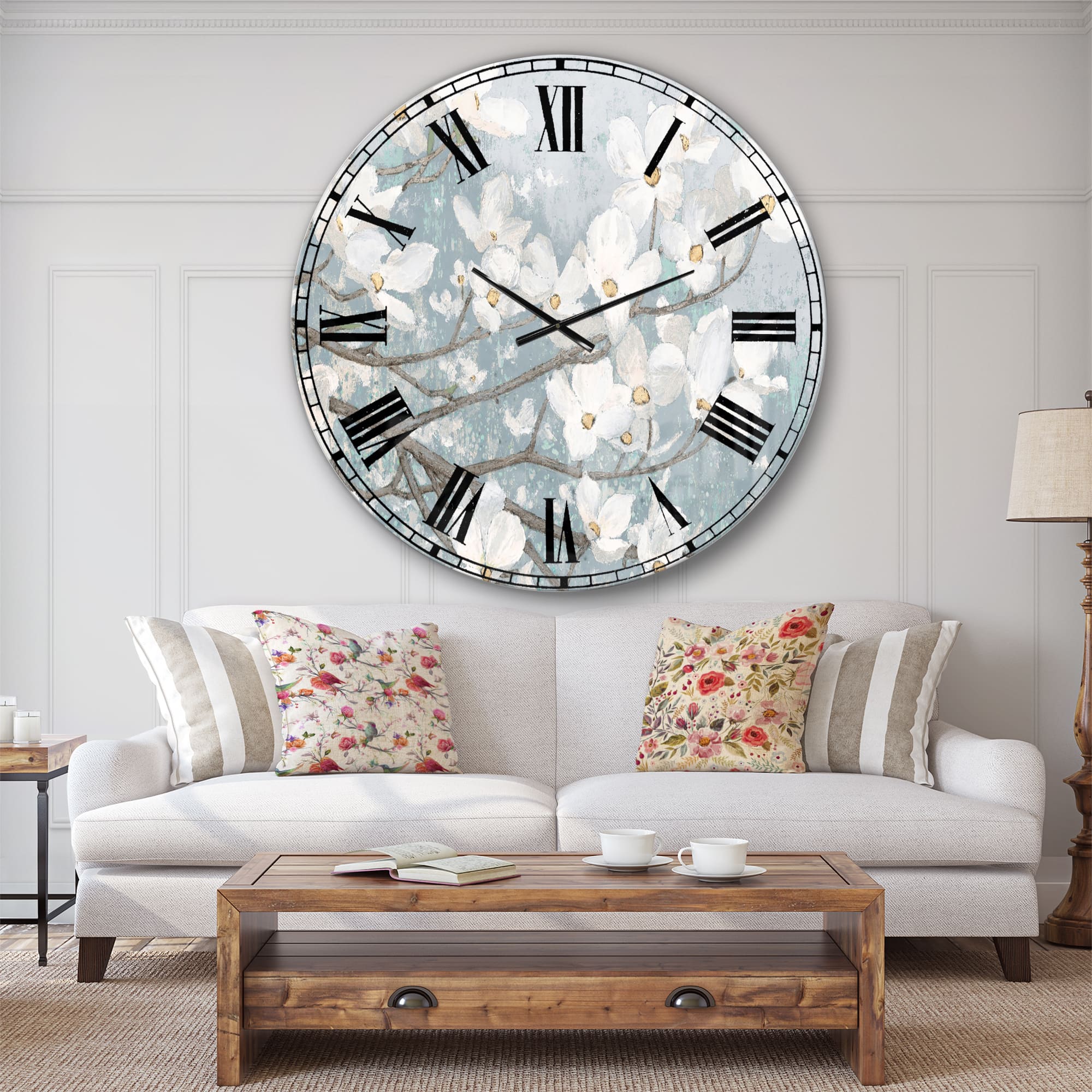 Designart Blue On Gray Blossoms Wall Clock
