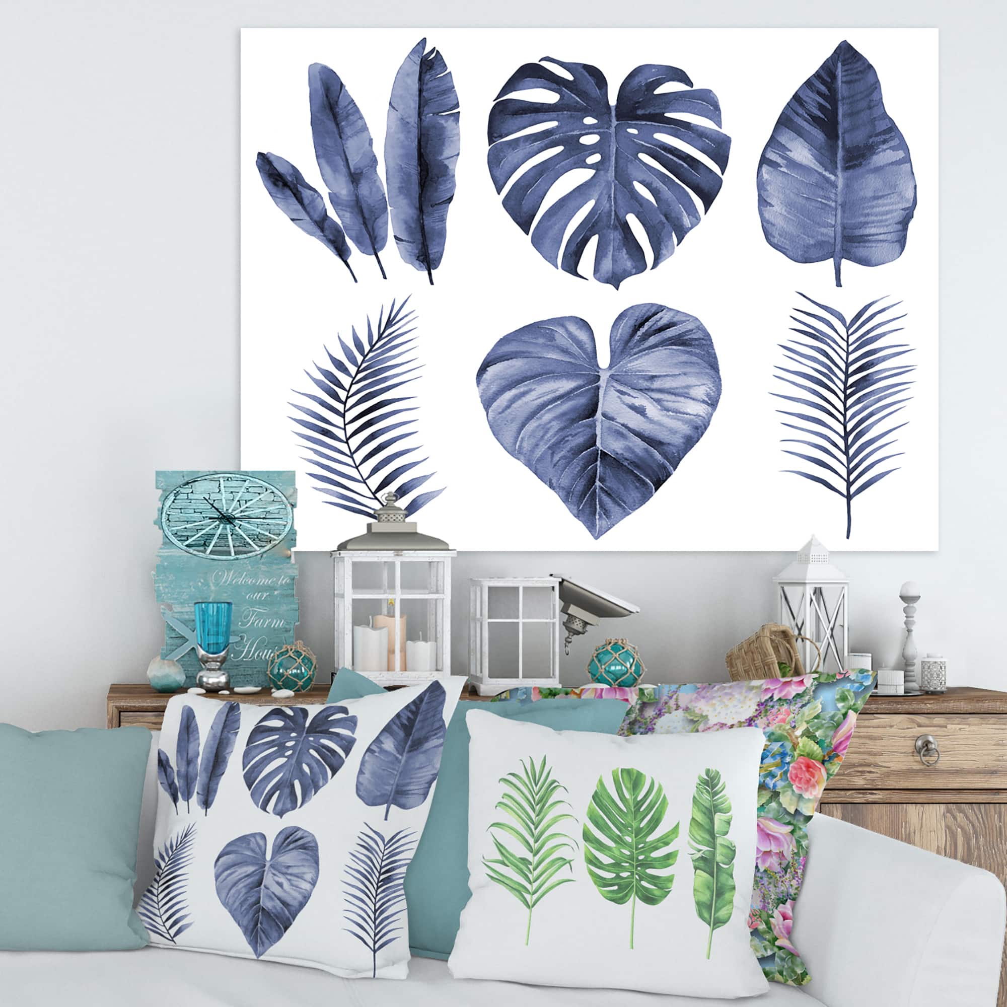 Designart - Tropical Blue Watercolour Leaves I - Farmhouse Canvas Wall Art Print