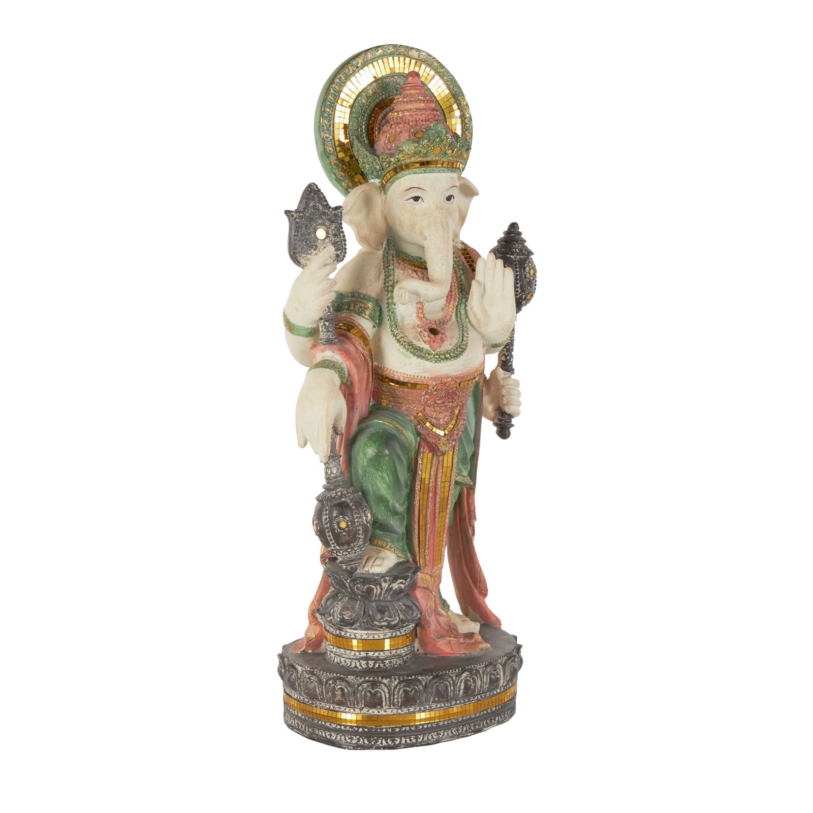 26.5" Gold Ganesh Sculpture with Green, Blue & Red Accents