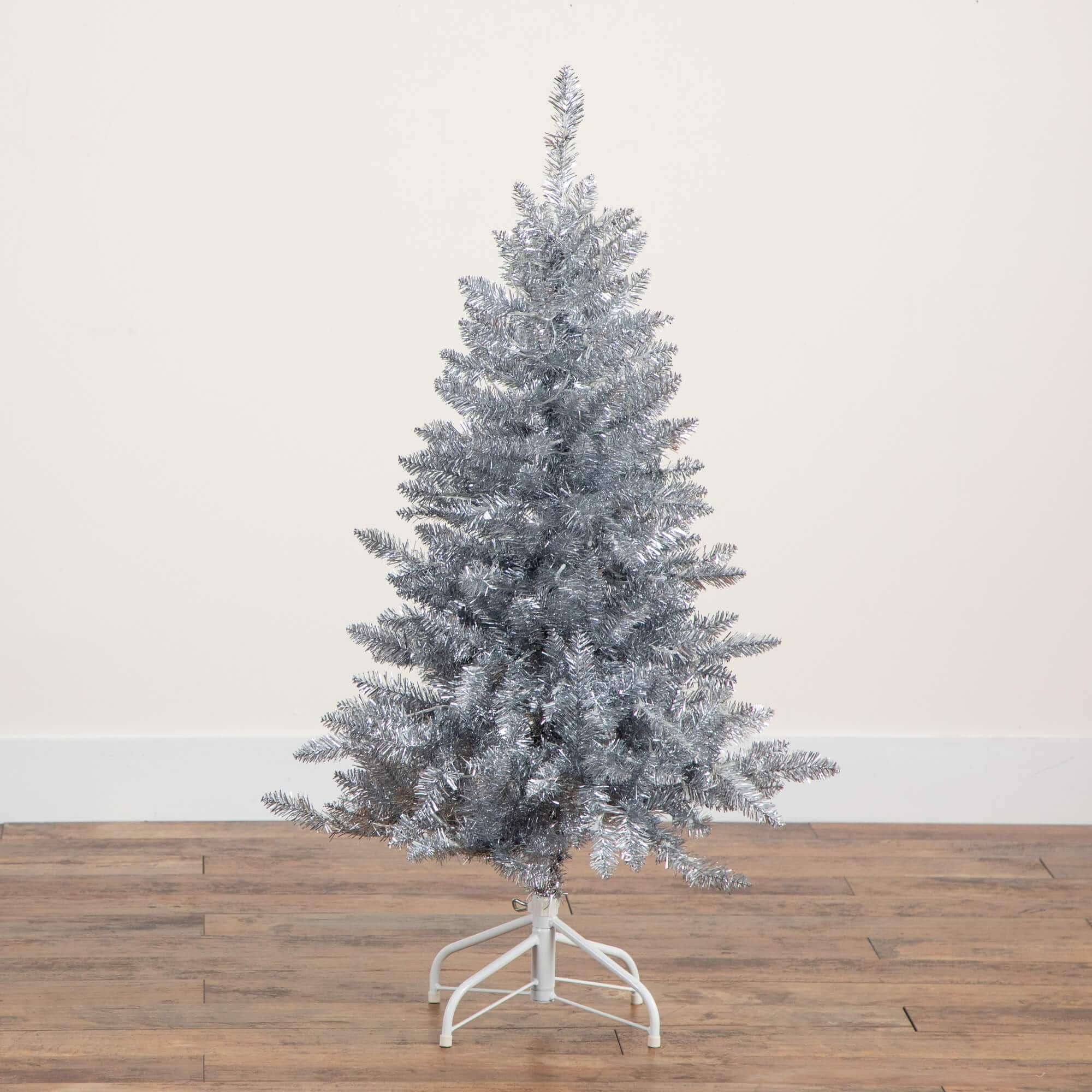 4ft. Pre-Lit Silver Tinsel Artificial Christmas Tree, Cool White Lights