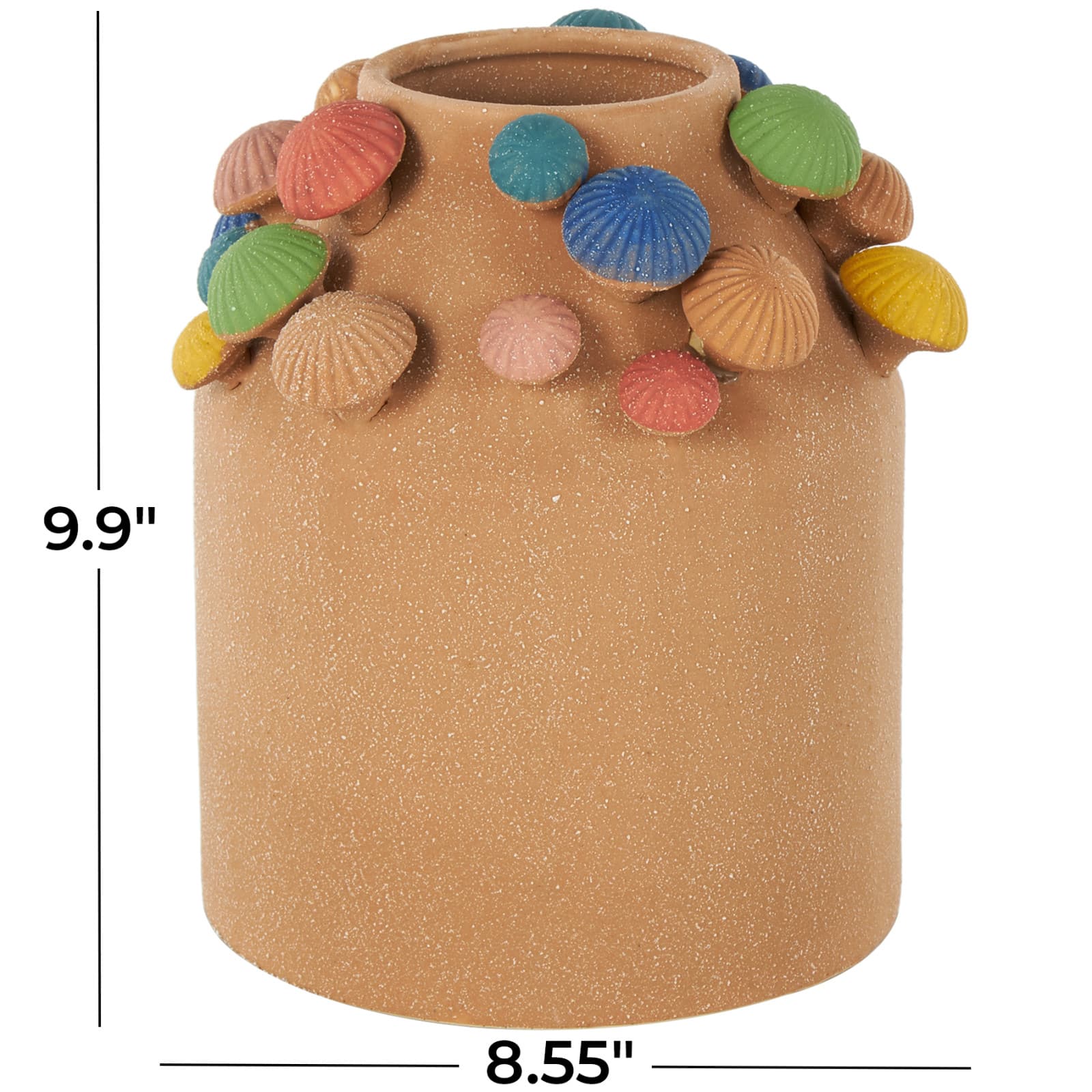 10" Brown with Multicolor Mushrooms & White Speckles Wide Ceramic Decorative Vase