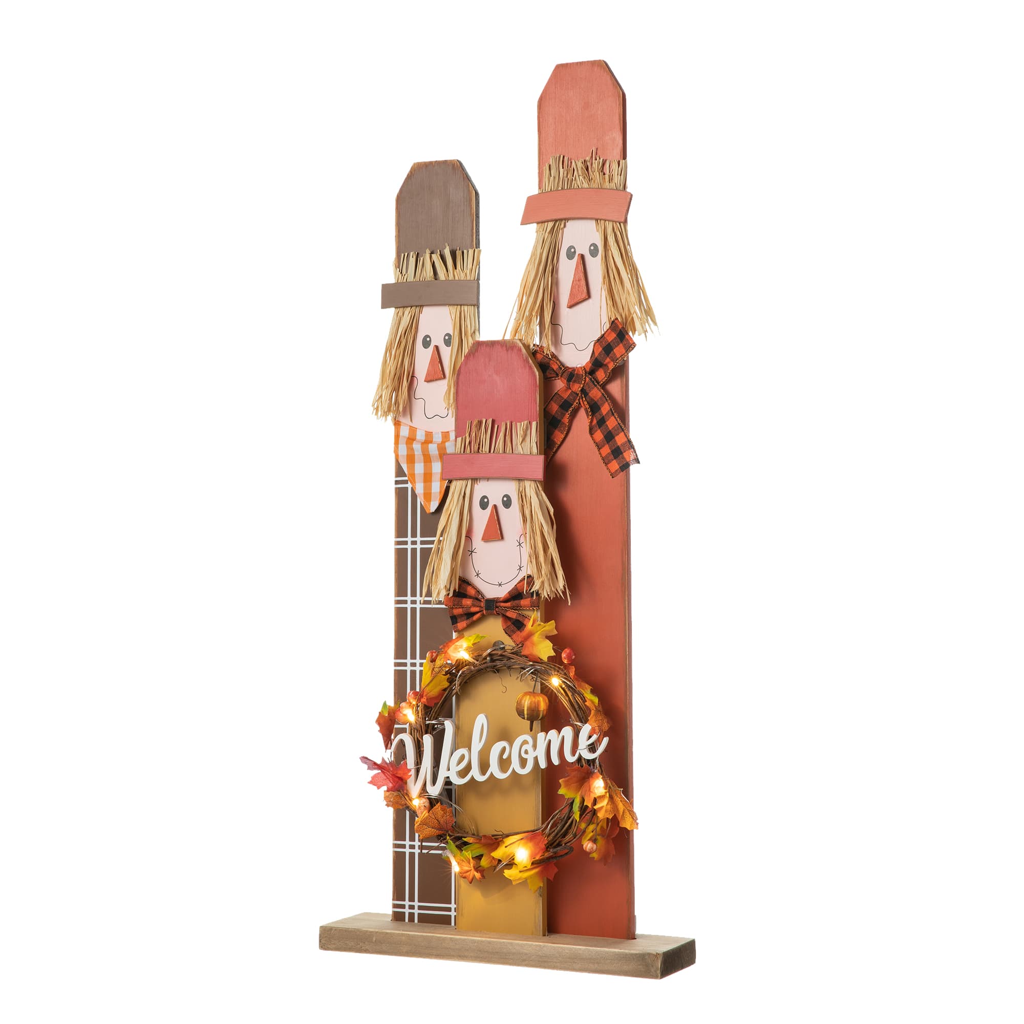 Glitzhome® 36.25" Wooden Scarecrow Family Porch Décor with Lighted Wreath & Timer