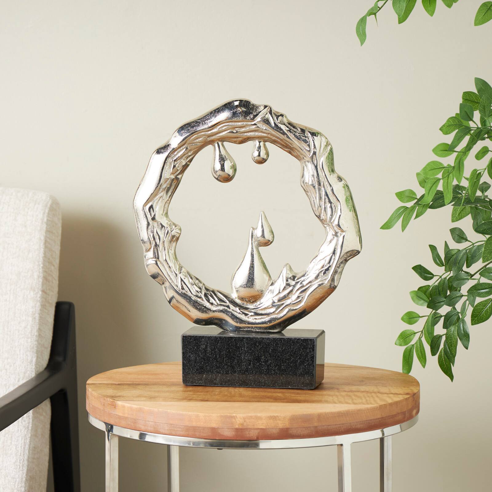 17" Silver Aluminum Abstract Drip Sculpture with Marble Base