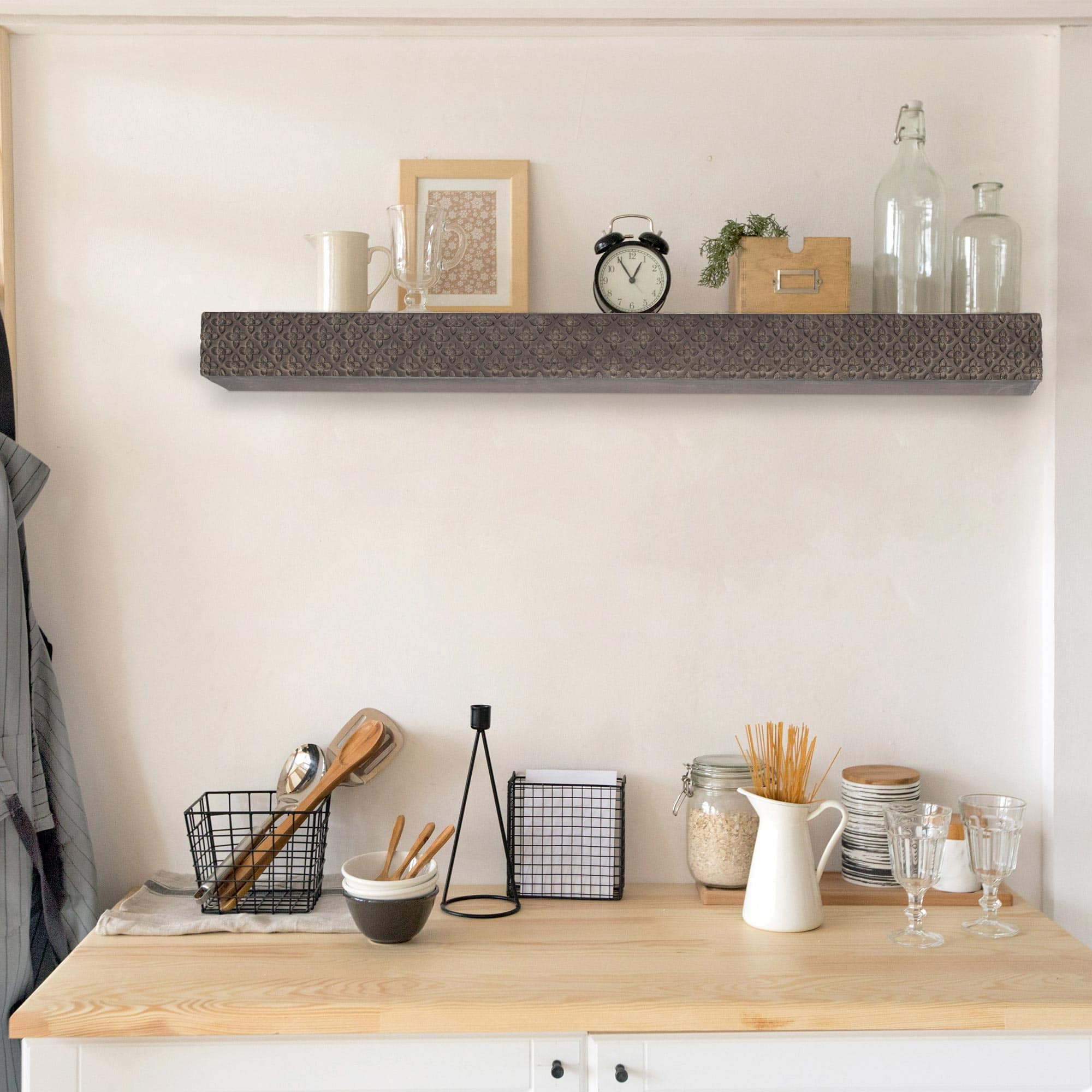 Large Black Rustic Embossed Wood Floating Wall Shelf