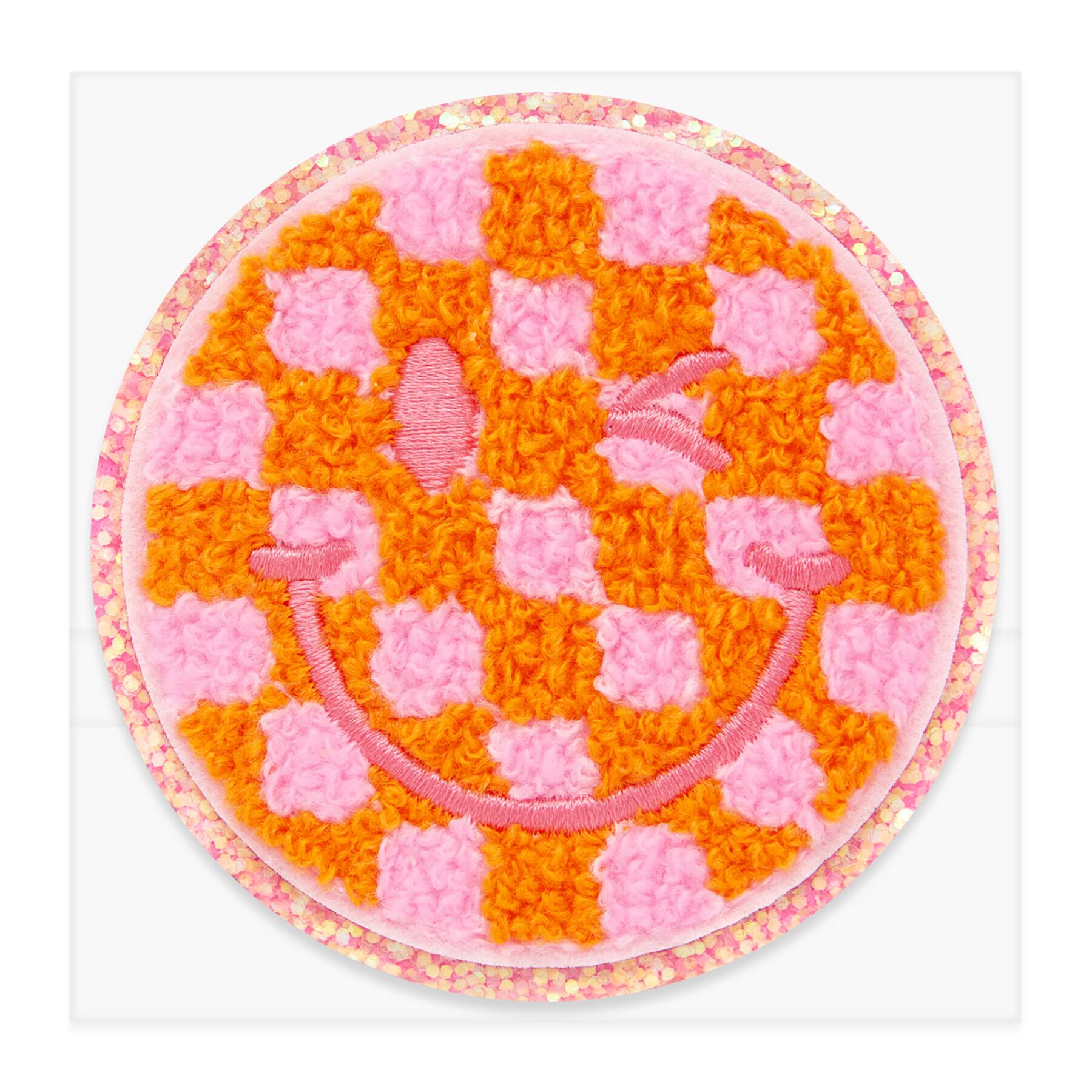 Pink Checked Smiley Face Embroidered Iron-On & Adhesive Patch by Make Market®