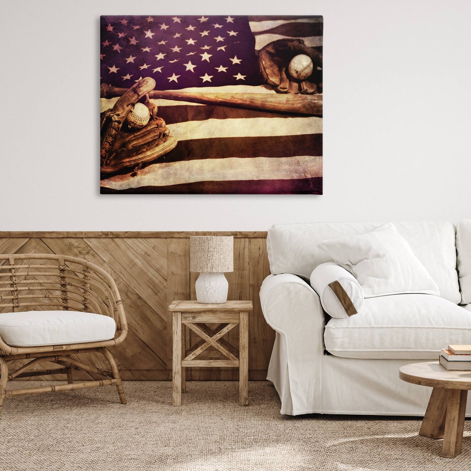 Stupell Industries American Flag Stripes Stars Baseball Mitt Sports Motif Canvas Wall Art