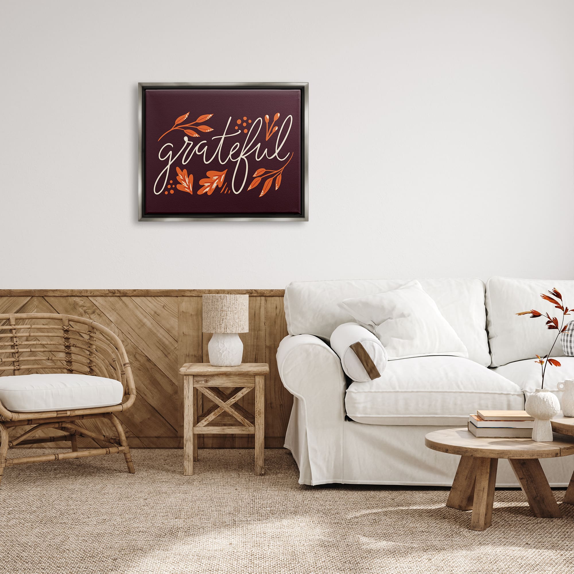 Stupell Industries Grateful Autumnal Leaves Phrase Framed Floater Canvas Wall Art