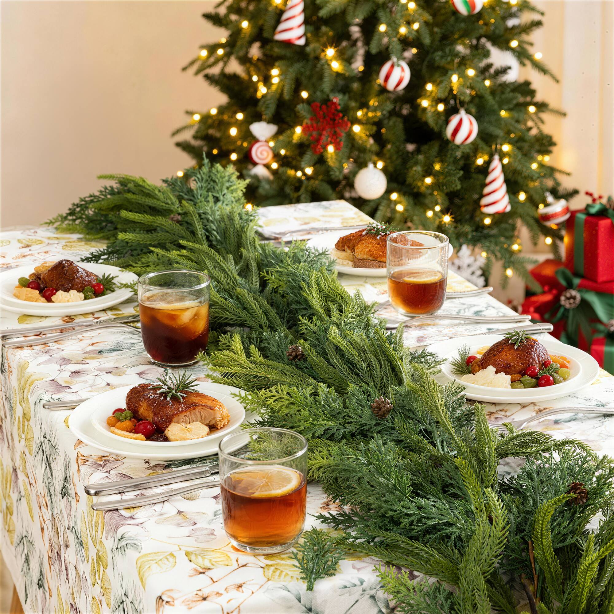 Glitzhome® 6ft. Christmas Full Greenery Mixed PE Dripping Garland with Pinecones, Set of 2