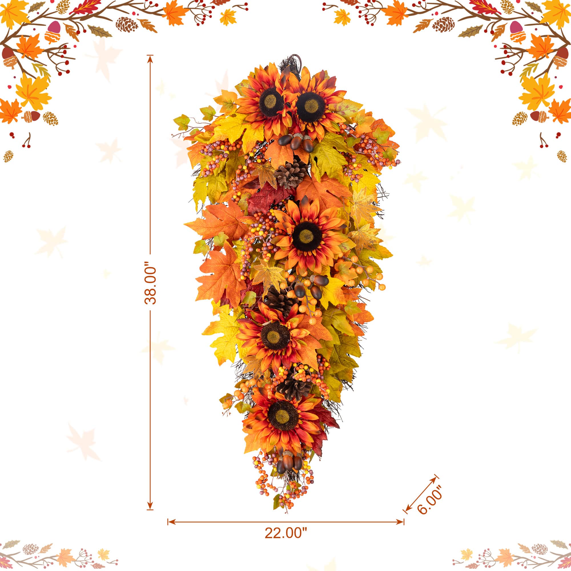 Glitzhome® 38" Oversized Fall Sunflower Teardrop Swag