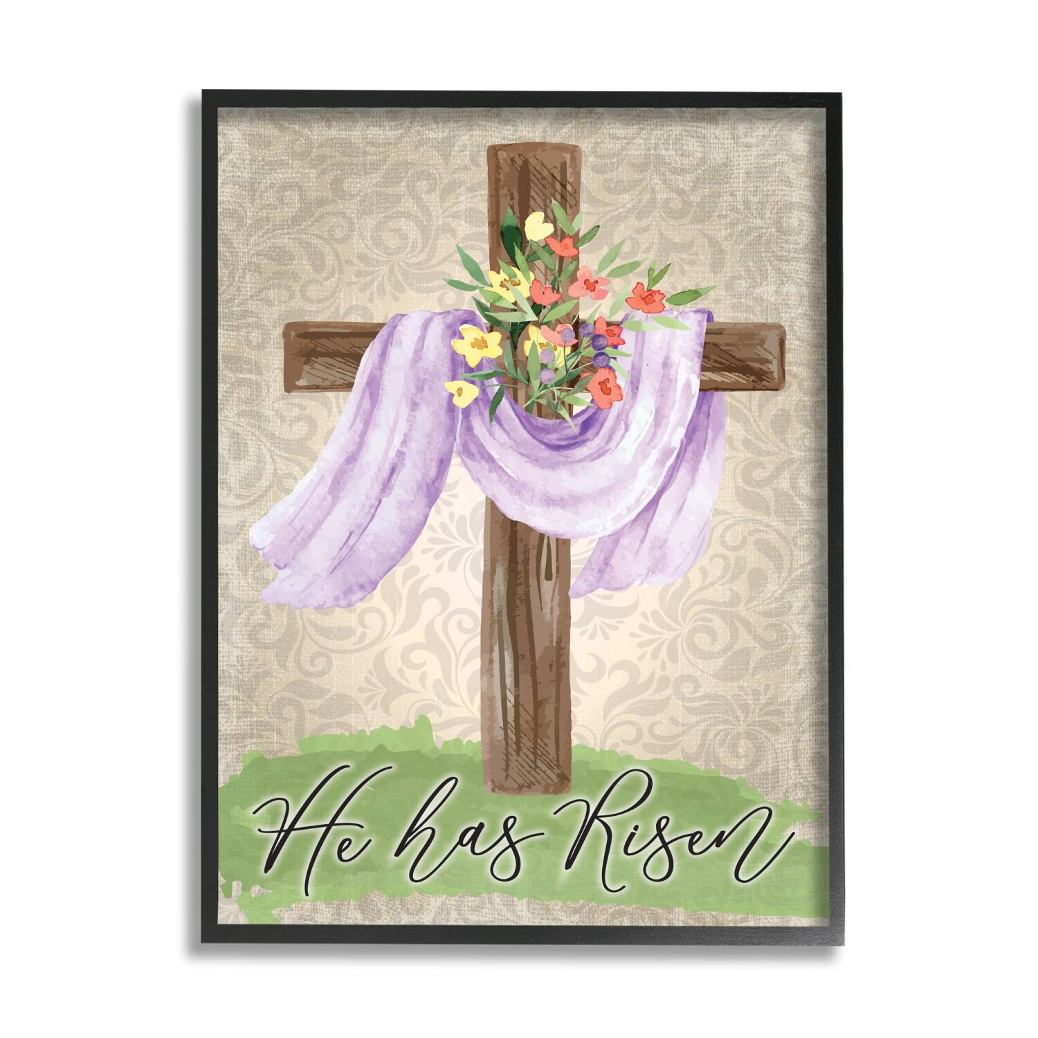 Stupell Industries He Has Risen Spring Floral Cross Brown Damask Pattern Framed Giclee Art
