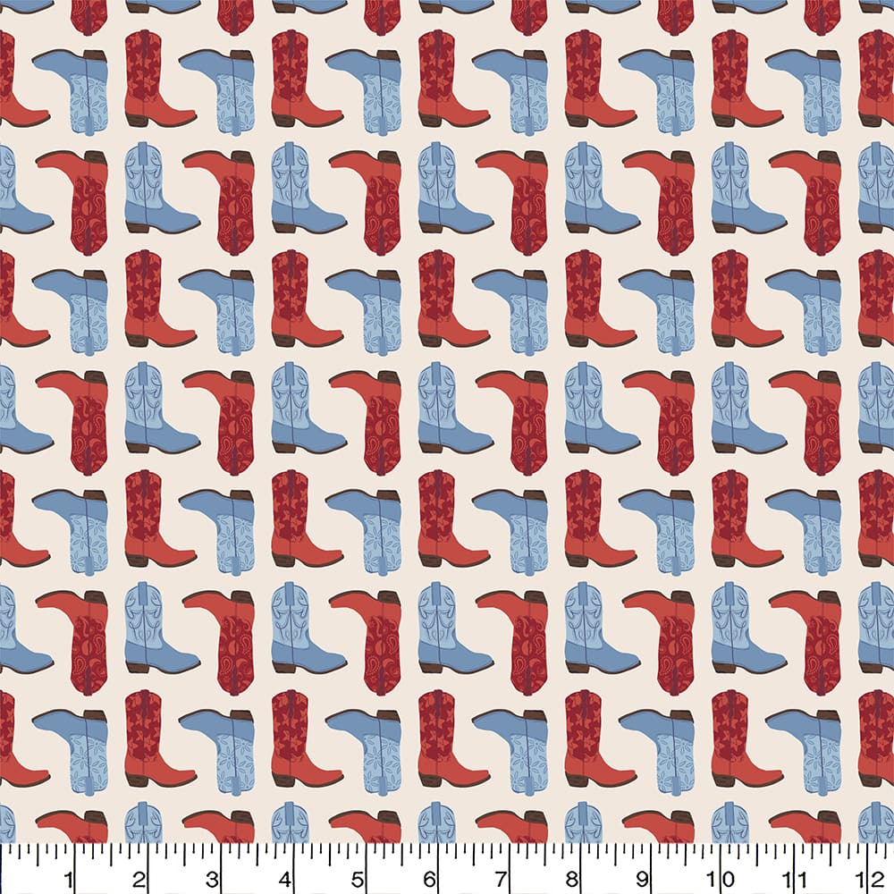 Eugene Textiles Red & Blue Cowboy Boots Cotton Quilting Fabric