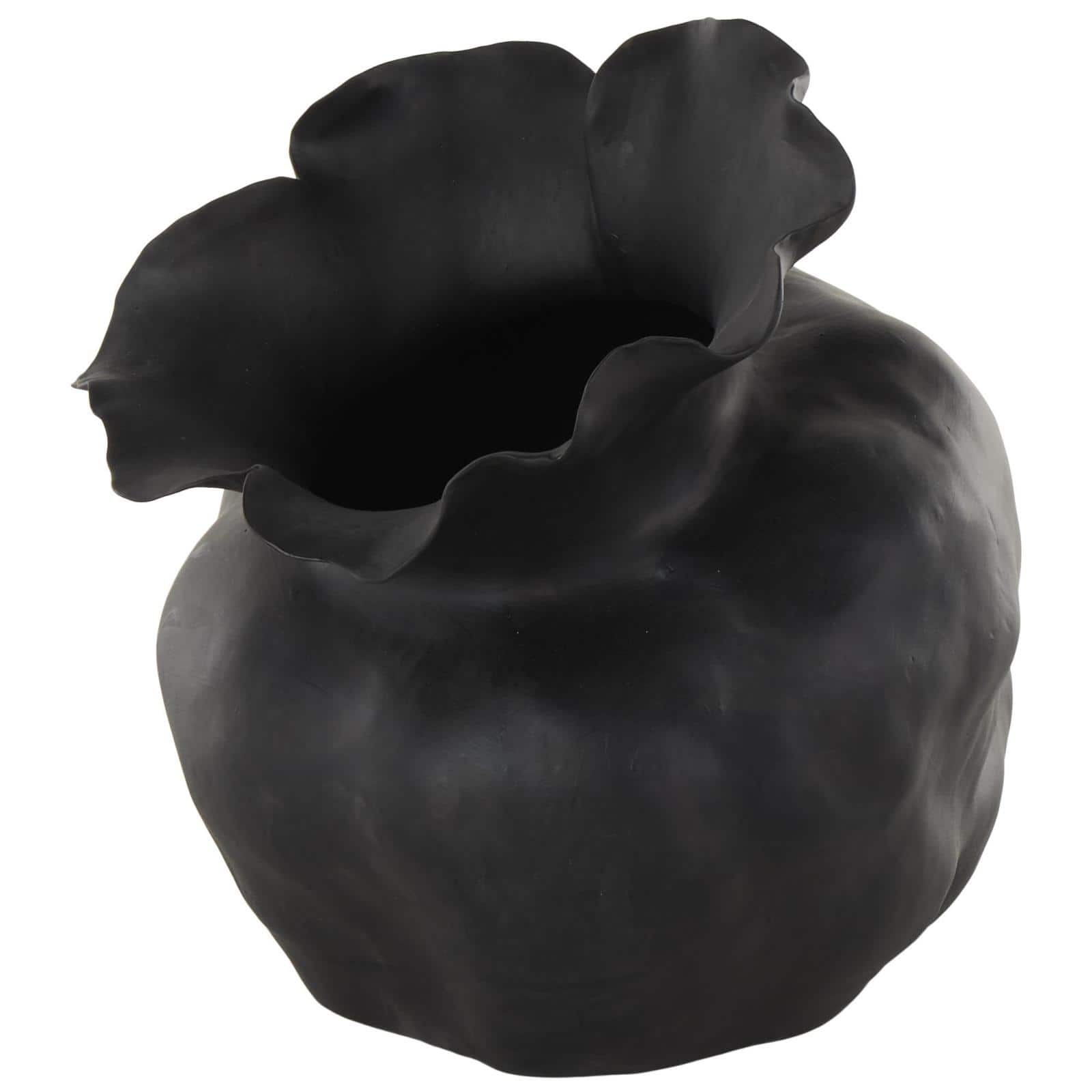 12.75" Black Ceramic Abstract Wide Rounded Floral Shaped Decorative Vase with Petal Rim