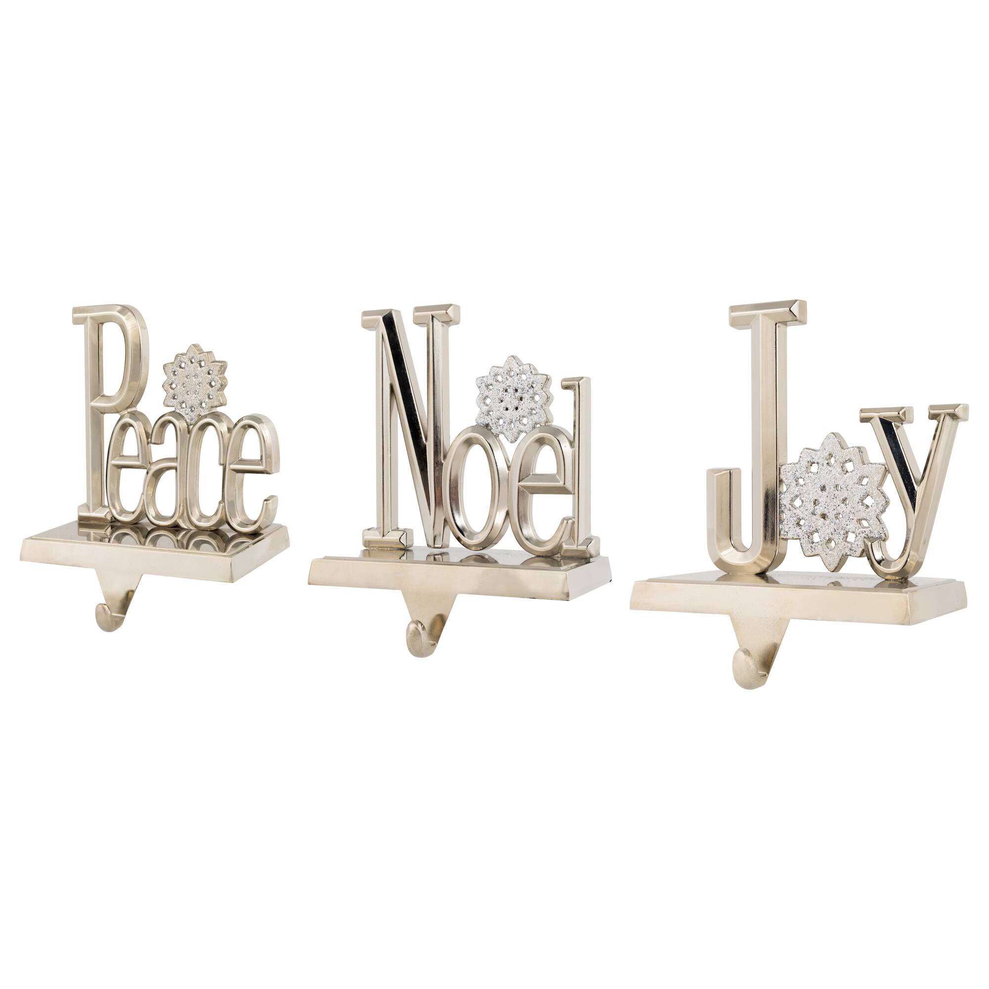 Peace  Joy and Noel Metal Christmas Stocking Holders - 6.5" - Set of 3
