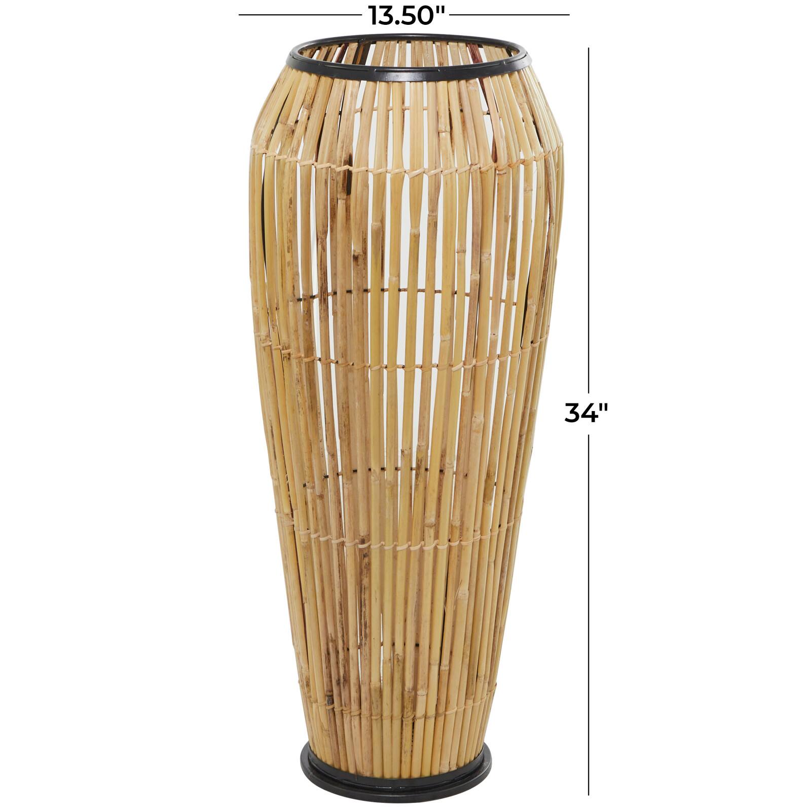 Brown Wicker Handmade Slatted Frame Vase with Black Metal Accents