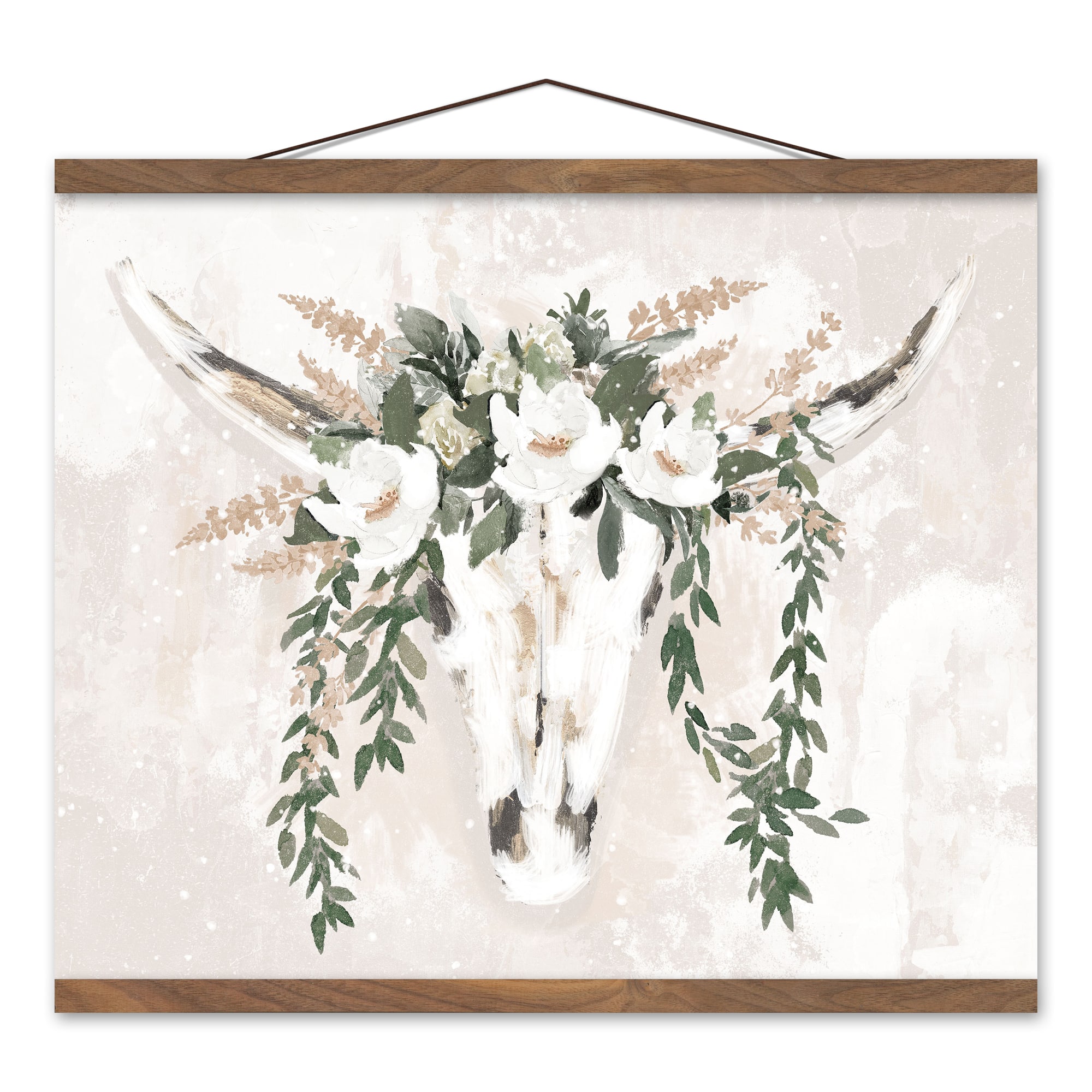 Soft Boho Floral Skull Teak Hanging Canvas