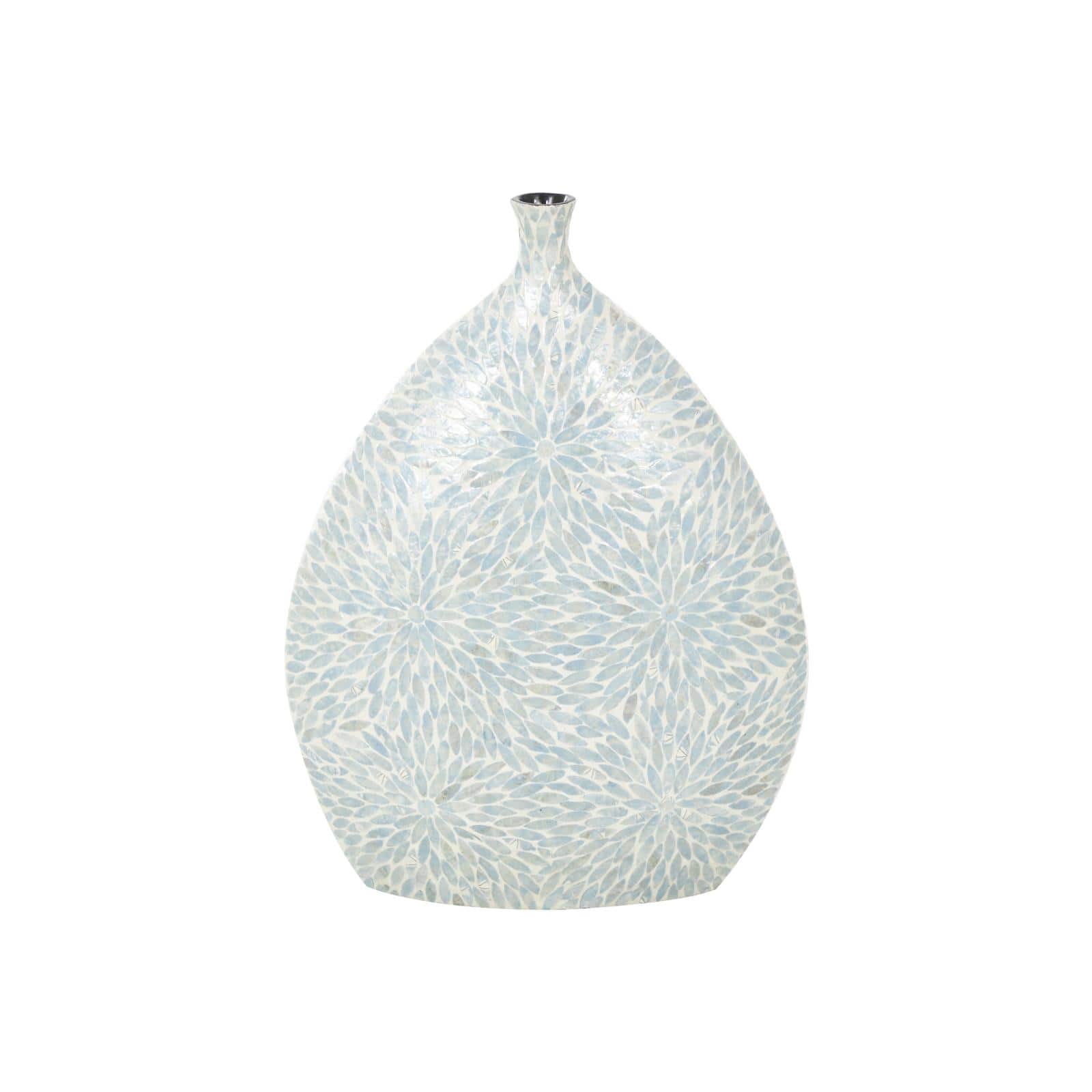 24" Light Blue Mother of Pearl Shell Floral Handmade Large Mosaic Vase with Cream Underlay