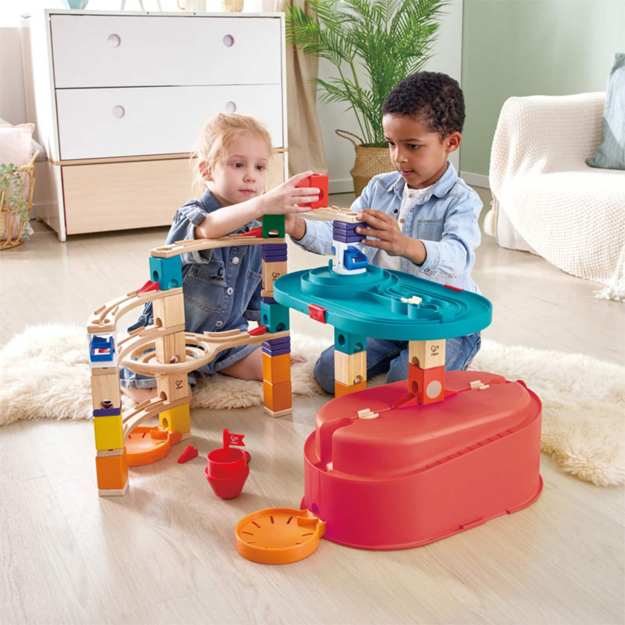 Hape Quadrilla Stack Track Bucket Wooden Marble Run Construction Set