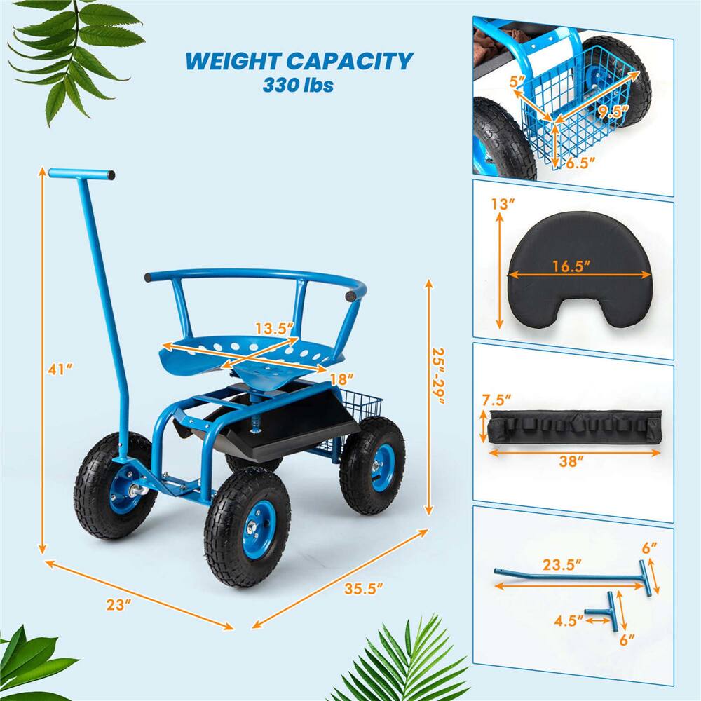 Costway Rolling Garden Cart Work Seat with Adjustable Height, Tool Tray & Storage Basket